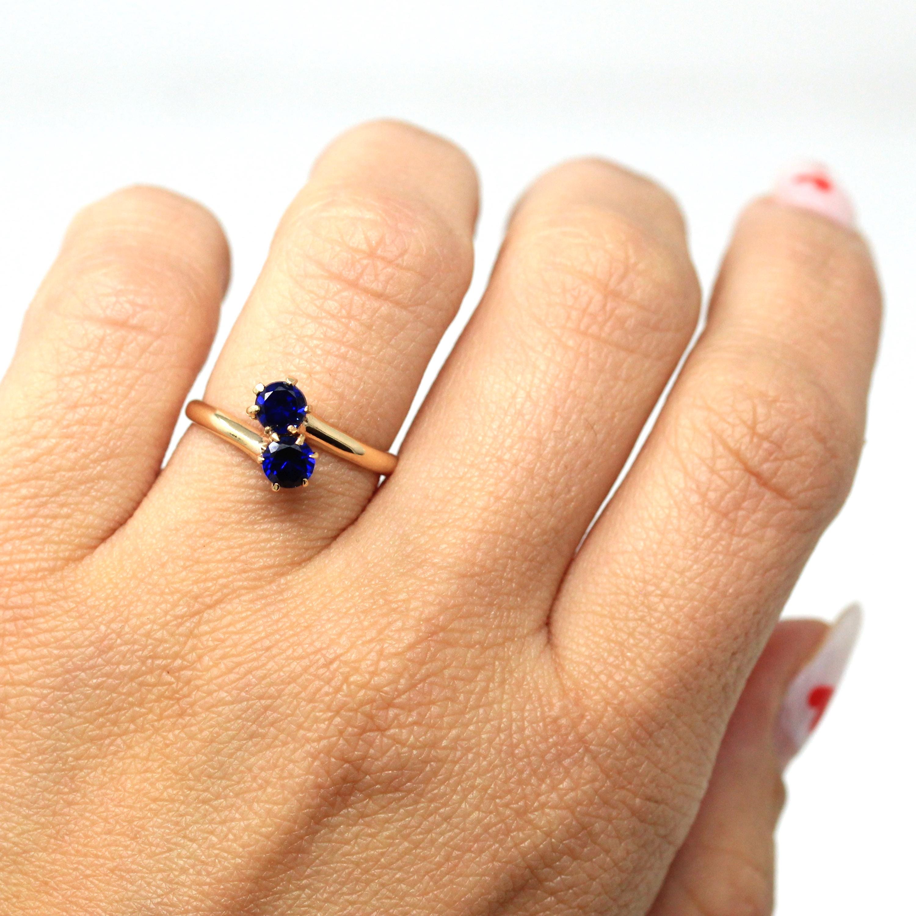 Created Sapphire Ring - Retro 14k Round Faceted Dark Blue Stones Bypass - Vintage Circa 1940s Era Size 6 1/4 Toi Et Moi Style Fine Jewelry