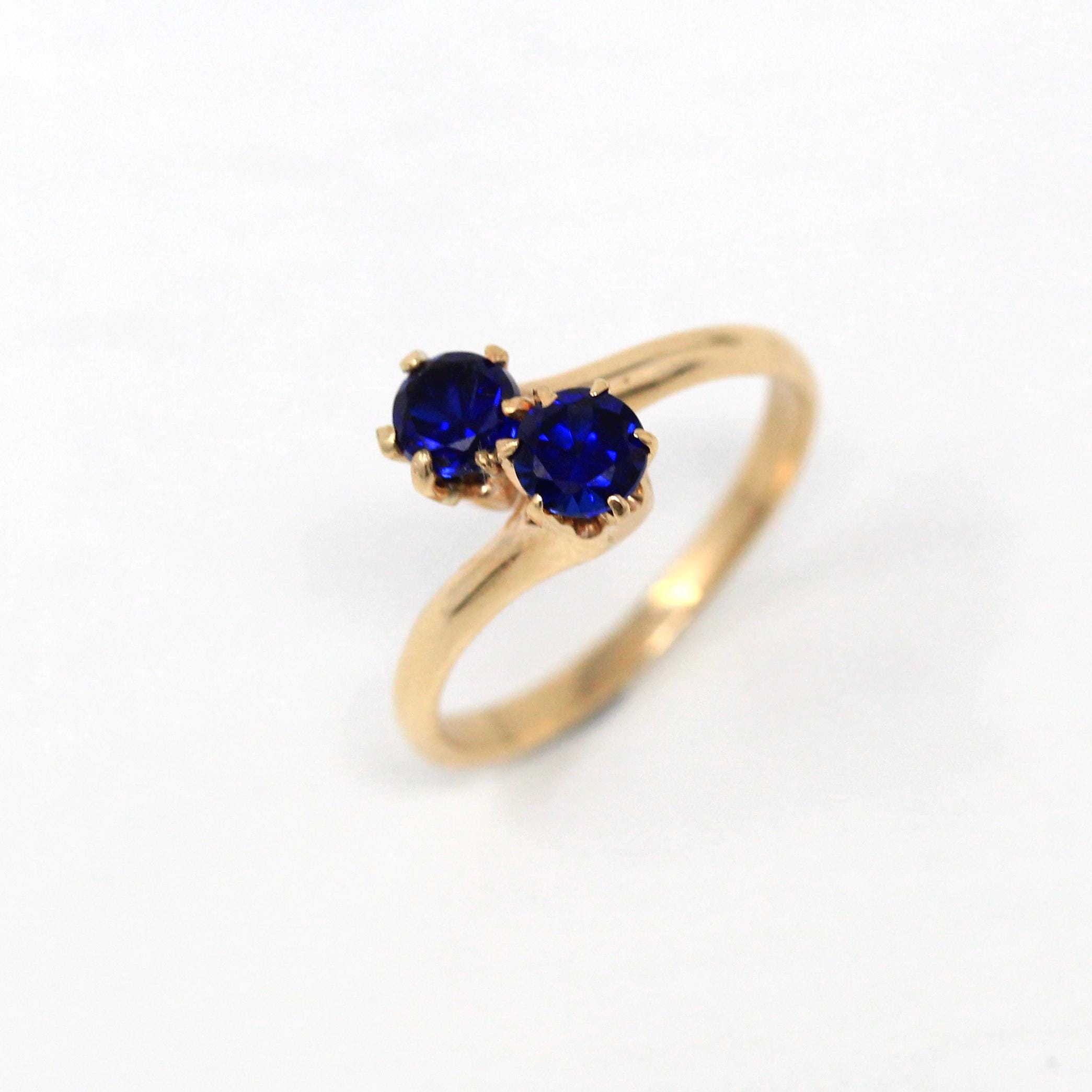 Created Sapphire Ring - Retro 14k Round Faceted Dark Blue Stones Bypass - Vintage Circa 1940s Era Size 6 1/4 Toi Et Moi Style Fine Jewelry