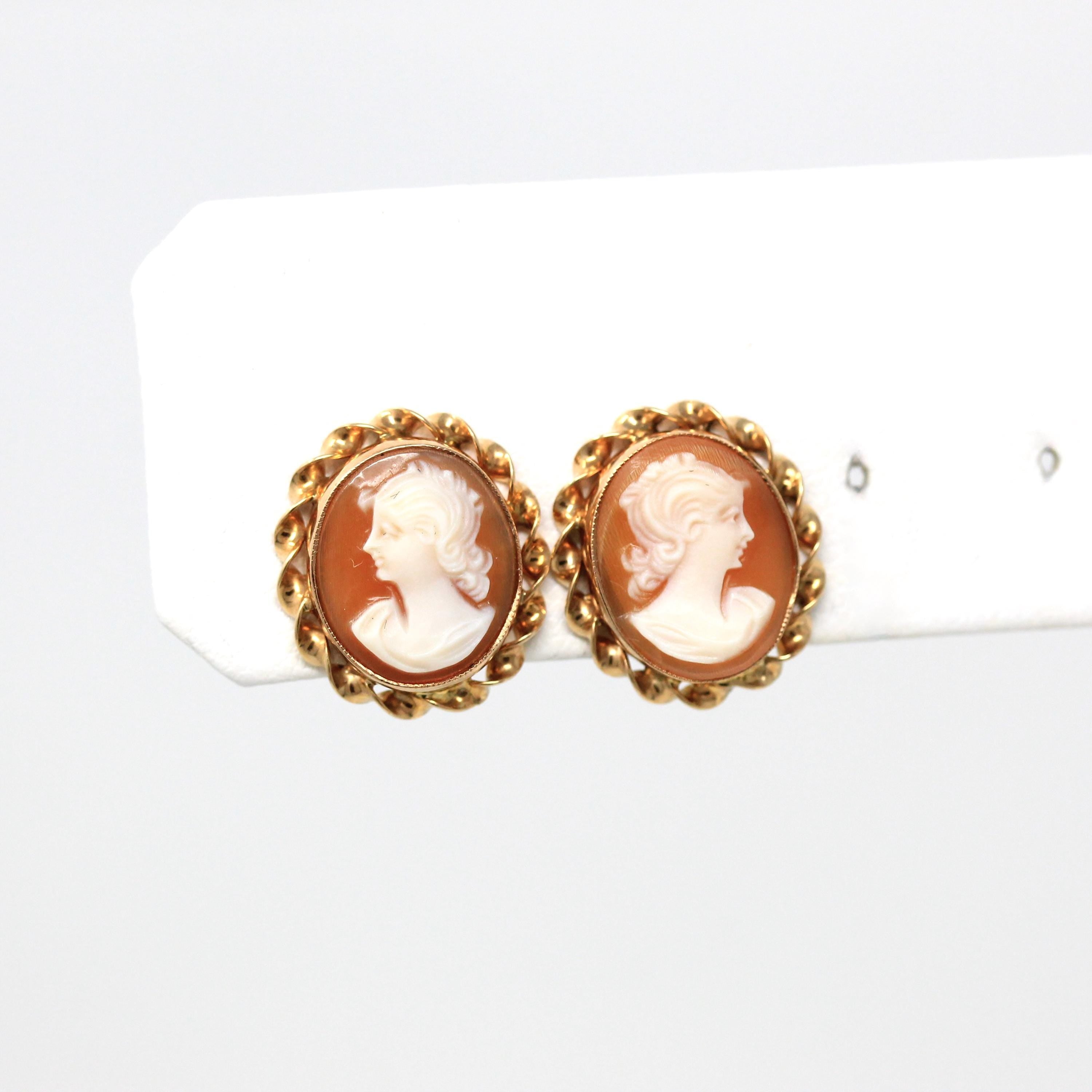 Vintage Cameo Earrings - Retro 10k Yellow Gold Oval Carved Shell Portrait Screw Backs - Circa 1940s Era Fashion Accessories 40s Fine Jewelry