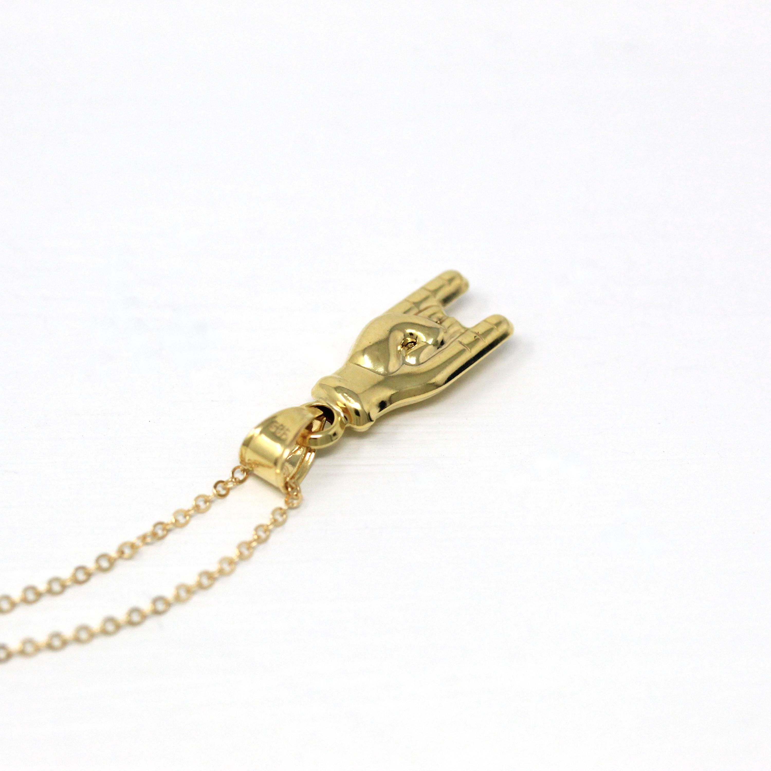 Mano Cornuto Charm - Retro 14k Yellow Gold Italian Good Luck Pendant Necklace - Vintage Circa 1970s Era Horned Hand Gesture Fine Jewelry