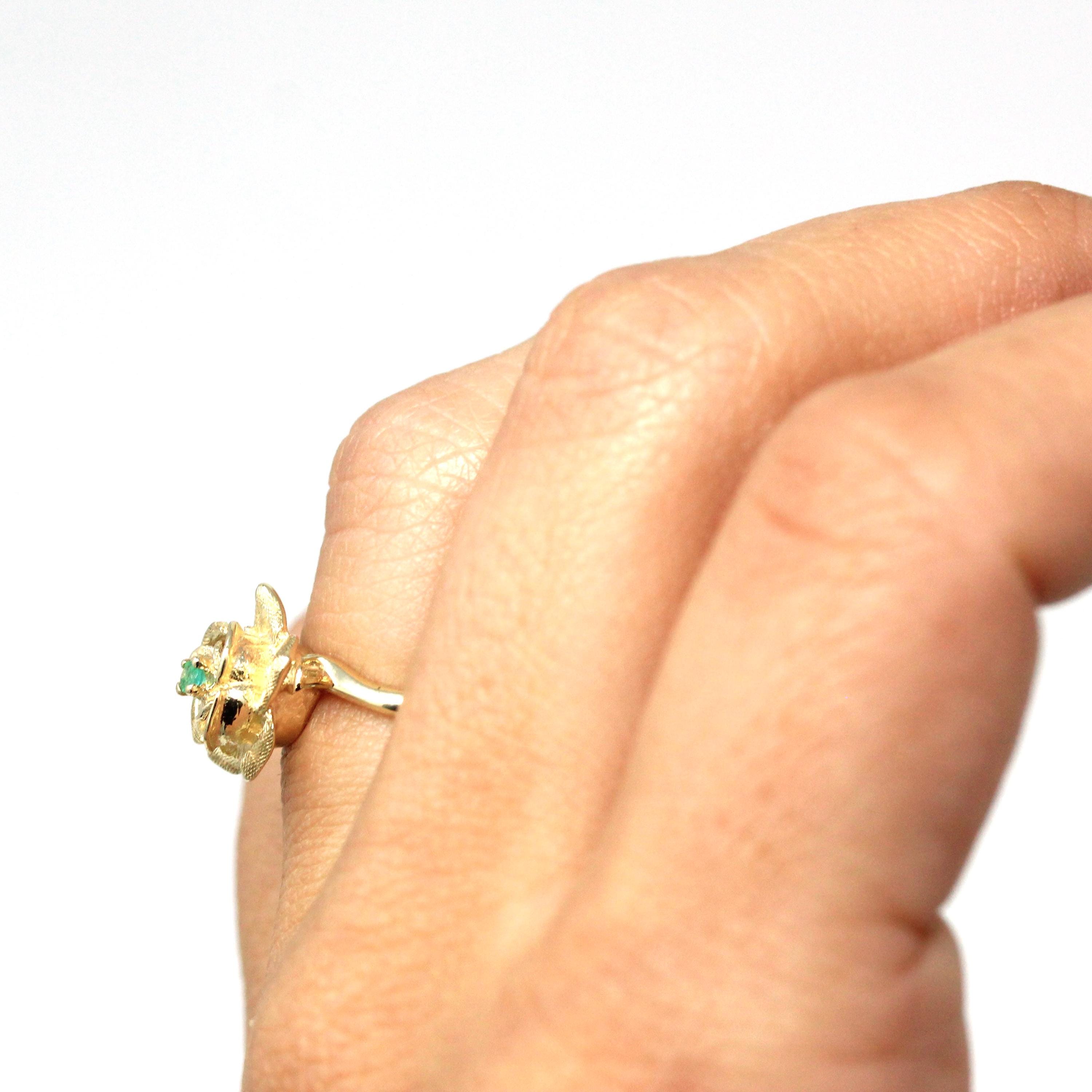 Vintage Flower Ring - Retro 10k Yellow Gold Rose Flower Genuine Emerald Gemstone - Vintage 1970s Era Size 6 May Birthstone Fine 70s Jewelry