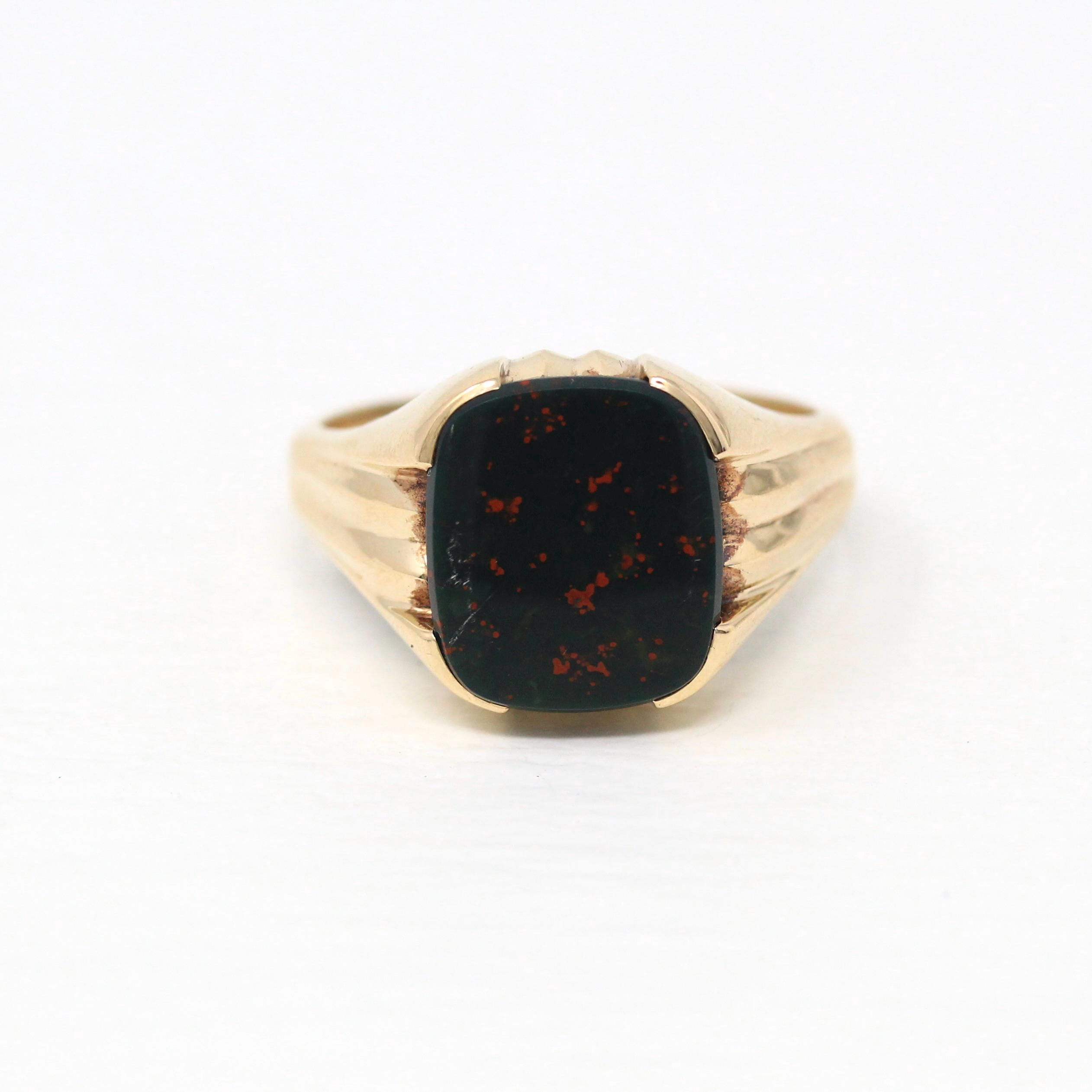 Vintage Bloodstone Ring - Retro 10k Yellow Gold Rectangular Dark Green Red Genuine Gem - Vintage 1960s Era Size 12 Men's Unisex Fine Jewelry