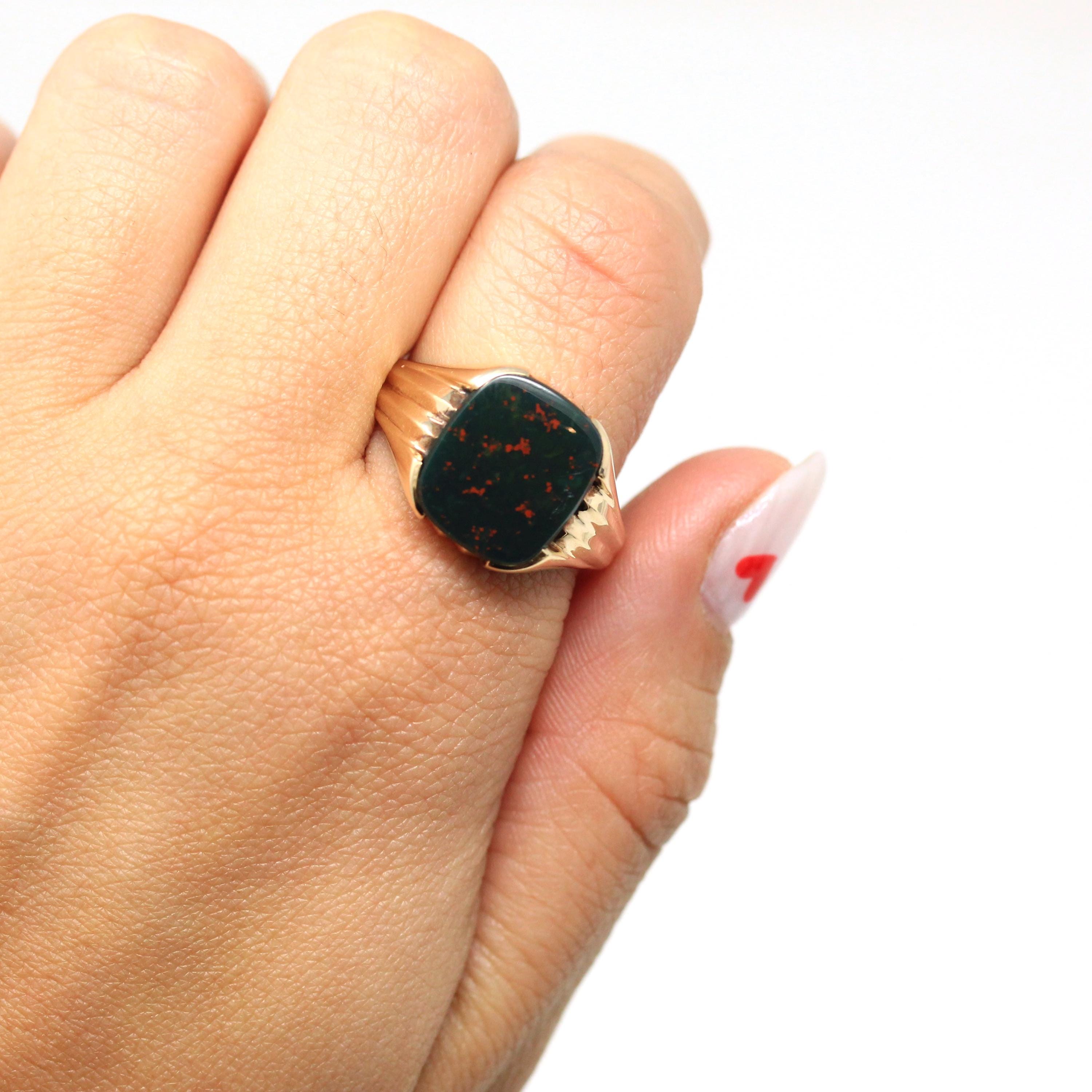 Vintage Bloodstone Ring - Retro 10k Yellow Gold Rectangular Dark Green Red Genuine Gem - Vintage 1960s Era Size 12 Men's Unisex Fine Jewelry