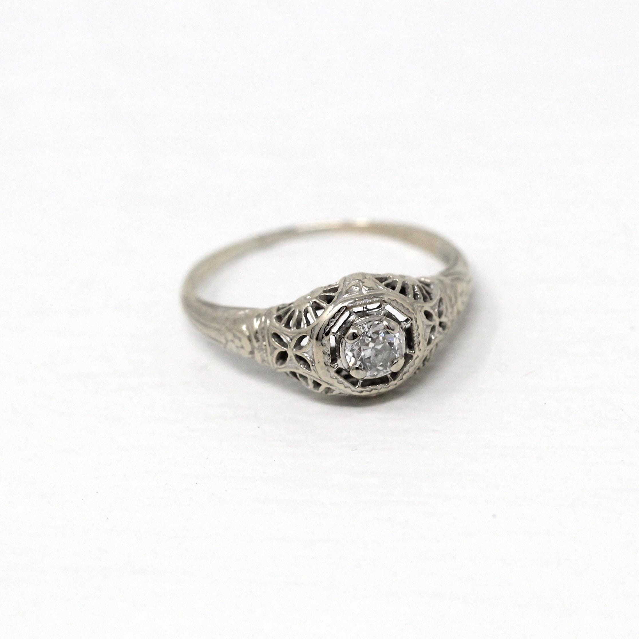 Vintage Diamond Ring - Art Deco Era 14k White Gold Genuine .18 CT Gem - Antique Circa 1920s Size 6 1/2 Filigree Flower Fine 20s Jewelry