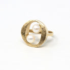 Two Stone Ring - Retro 10k Yellow Gold Oval Circle Brushed Finish - Vintage Circa 1960s Size 4 3/4 New Old Stock Cultured Pearl Fine Jewelry