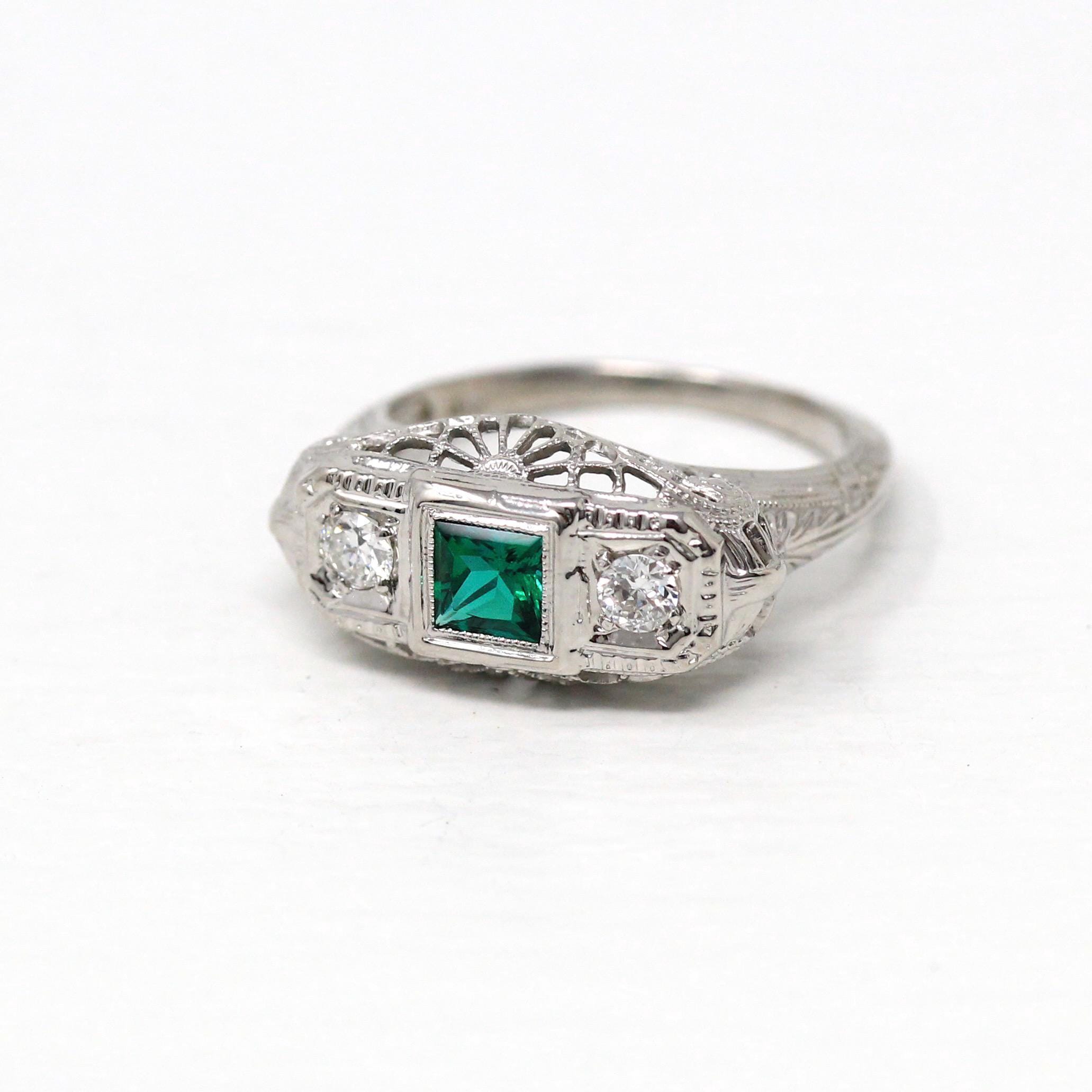 Art Deco Ring - Vintage 18k White Gold Created Emerald & Diamond Three Stone Band - 1930s Size 5 3/4 Filigree Three Stone Fine Jewelry