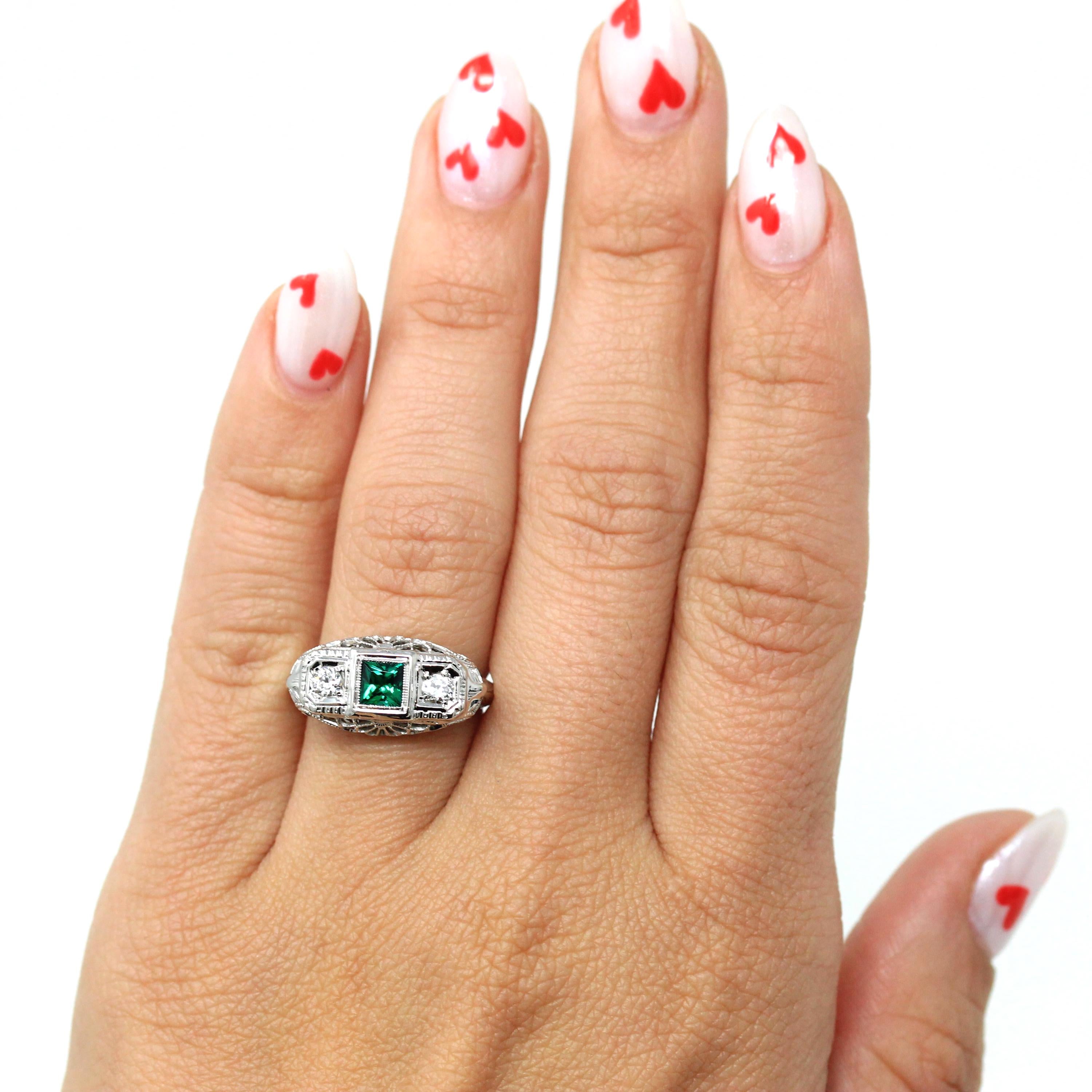 Art Deco Ring - Vintage 18k White Gold Created Emerald & Diamond Three Stone Band - 1930s Size 5 3/4 Filigree Three Stone Fine Jewelry