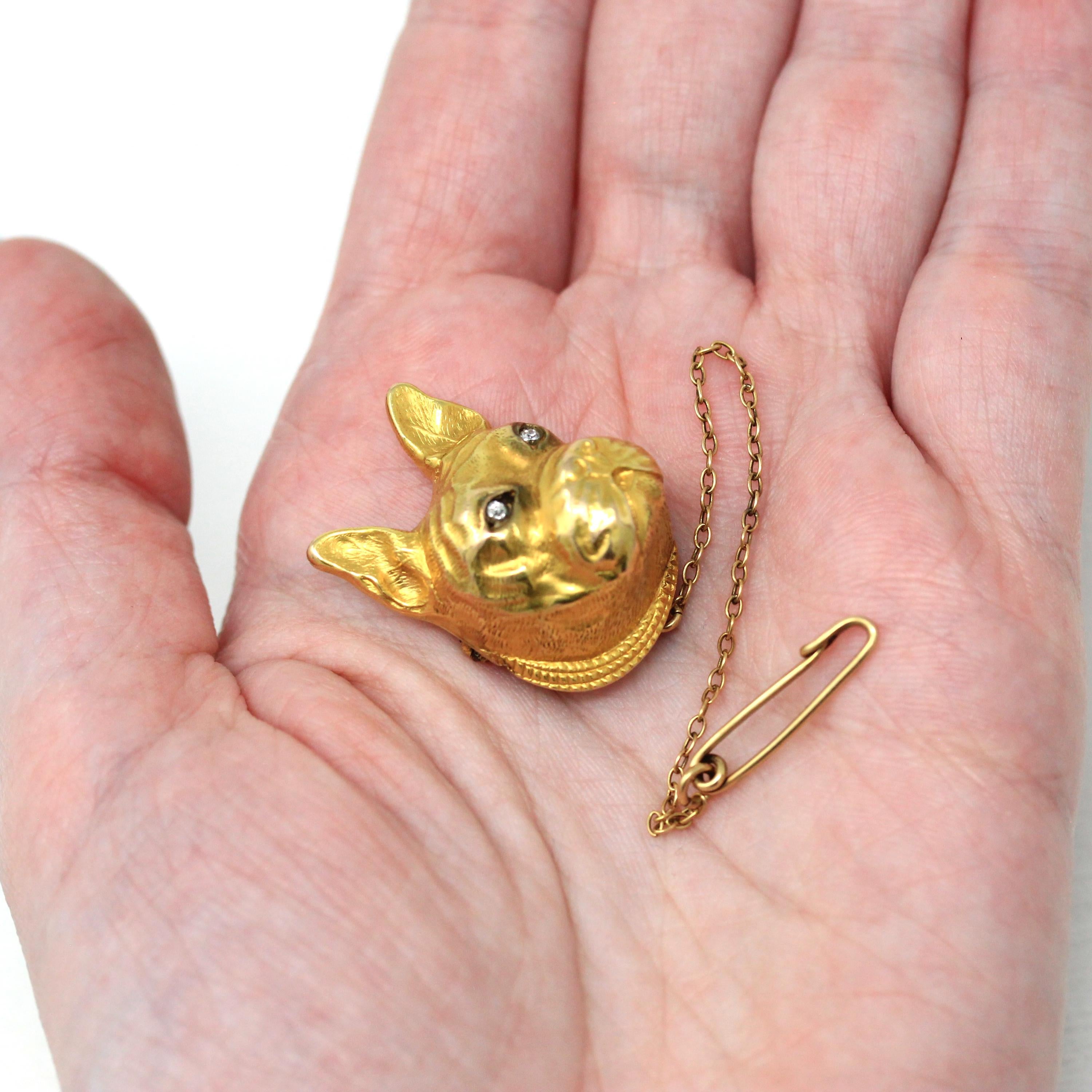 Antique Dog Brooch - Victorian 14k Yellow Gold Pin - Vintage Circa 1890s Era Fashion Accessory Fine Animal Diamond French Bulldog Jewelry