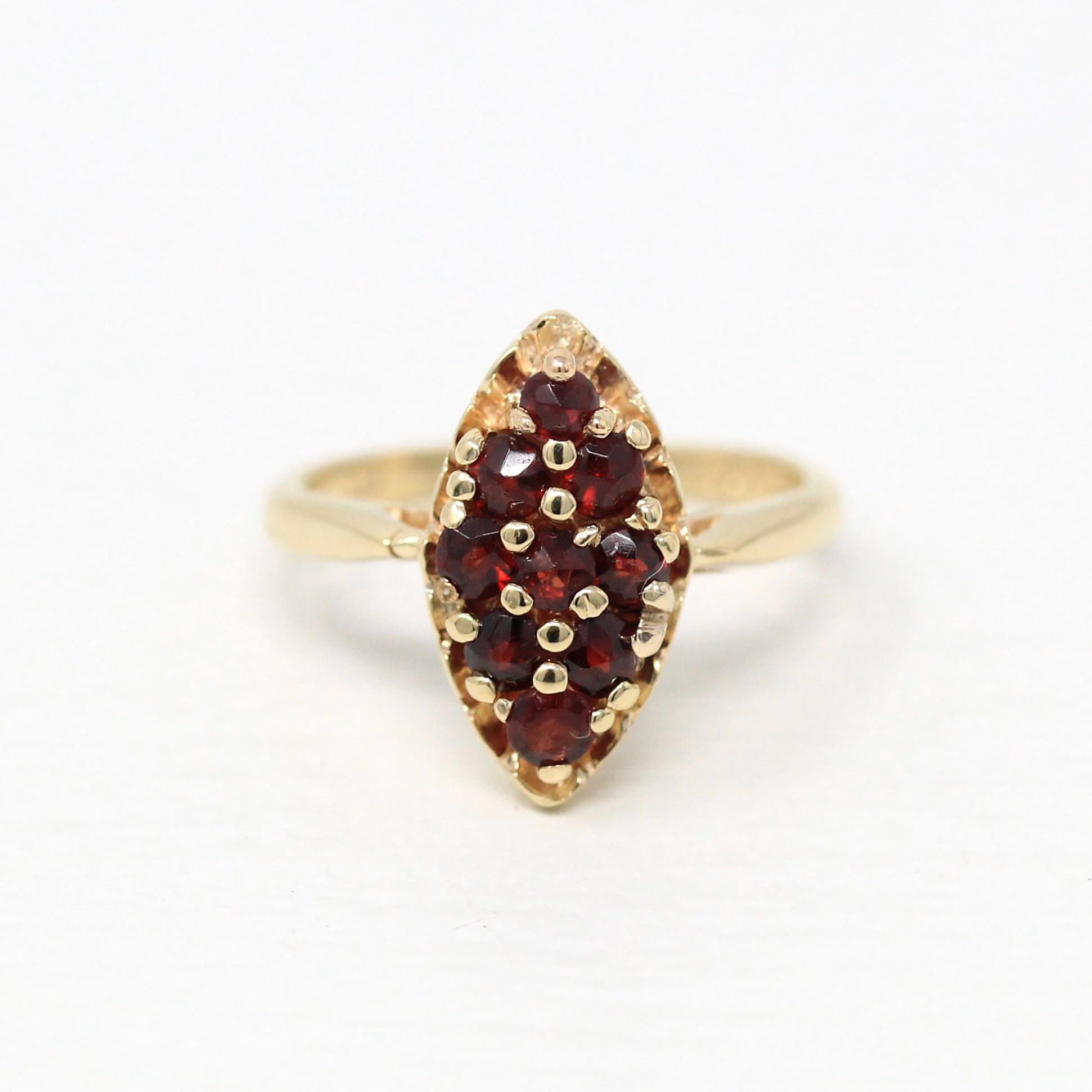 Genuine Garnet Cluster Ring - Retro 14k Yellow Gold Marquise Cluster Red Gems - Vintage Circa 1940s Era Size 4 3/4 January Fine Jewelry