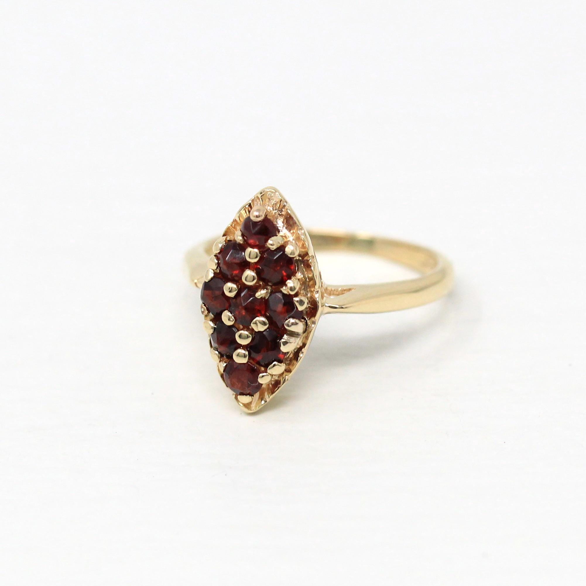 Genuine Garnet Cluster Ring - Retro 14k Yellow Gold Marquise Cluster Red Gems - Vintage Circa 1940s Era Size 4 3/4 January Fine Jewelry