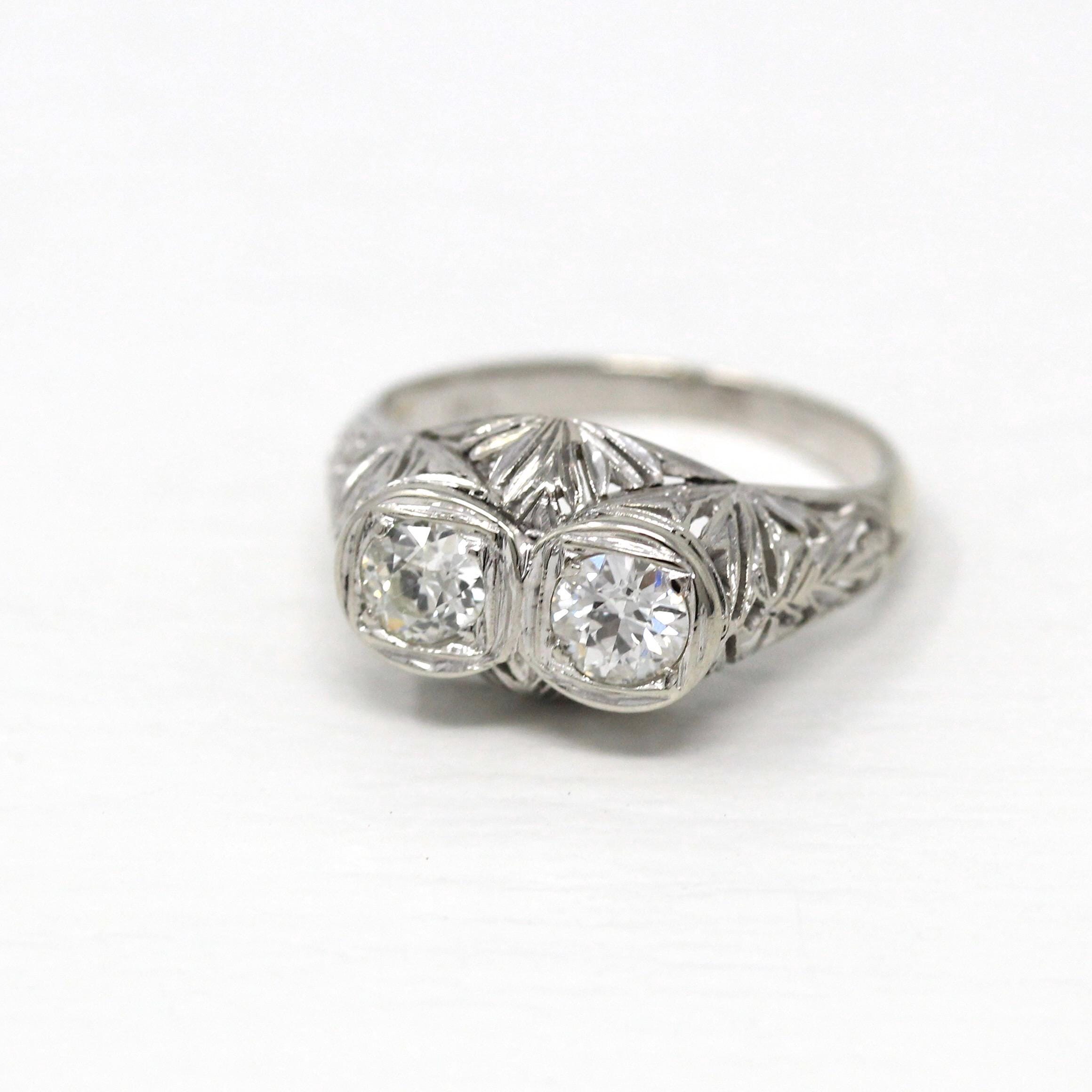 Vintage Diamond Ring - Art Deco Era 18k White Gold .81 CTW Filigree Two Stone Engagement - Antique 1930s Size 7 3/4 Anniversary Fine Jewelry