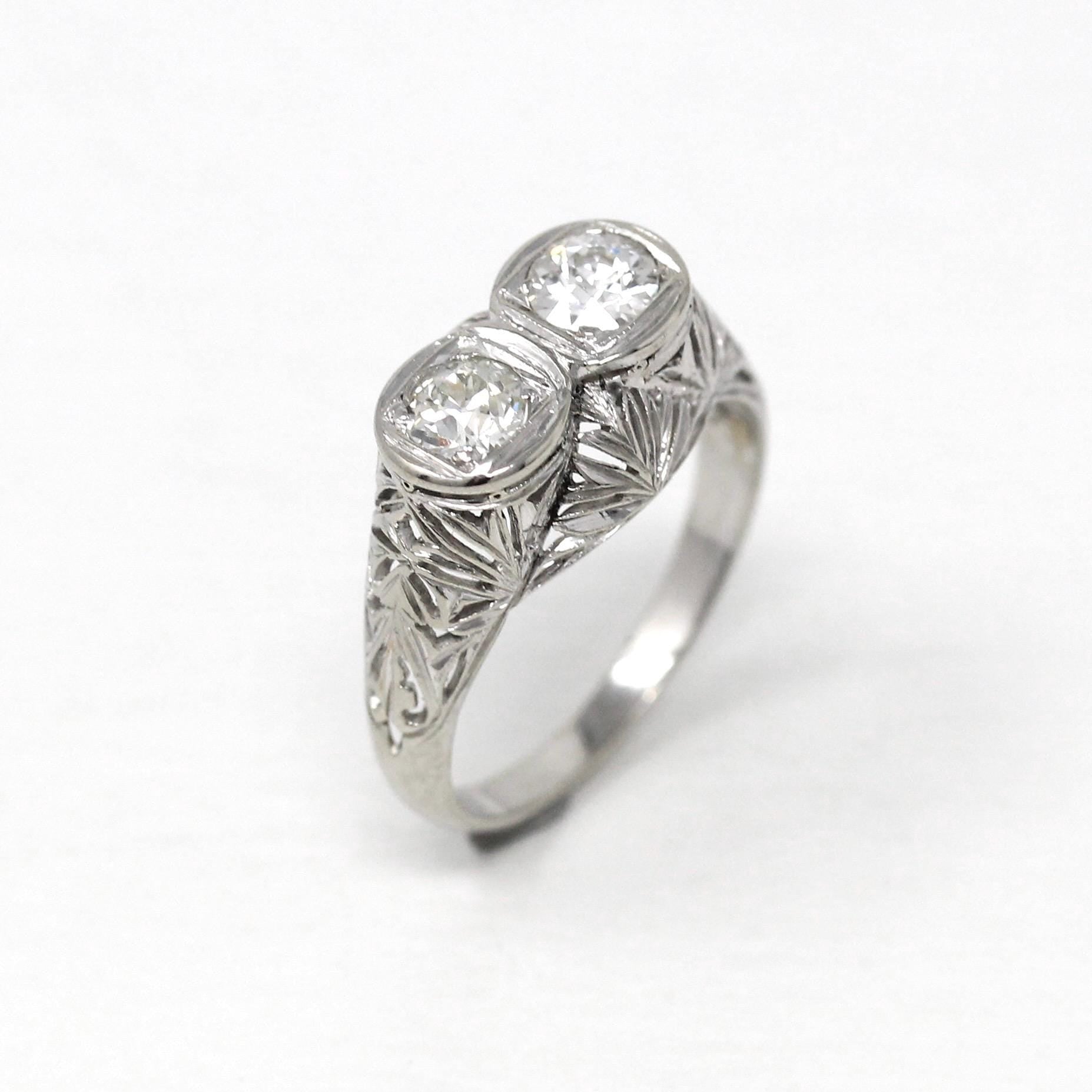 Vintage Diamond Ring - Art Deco Era 18k White Gold .81 CTW Filigree Two Stone Engagement - Antique 1930s Size 7 3/4 Anniversary Fine Jewelry