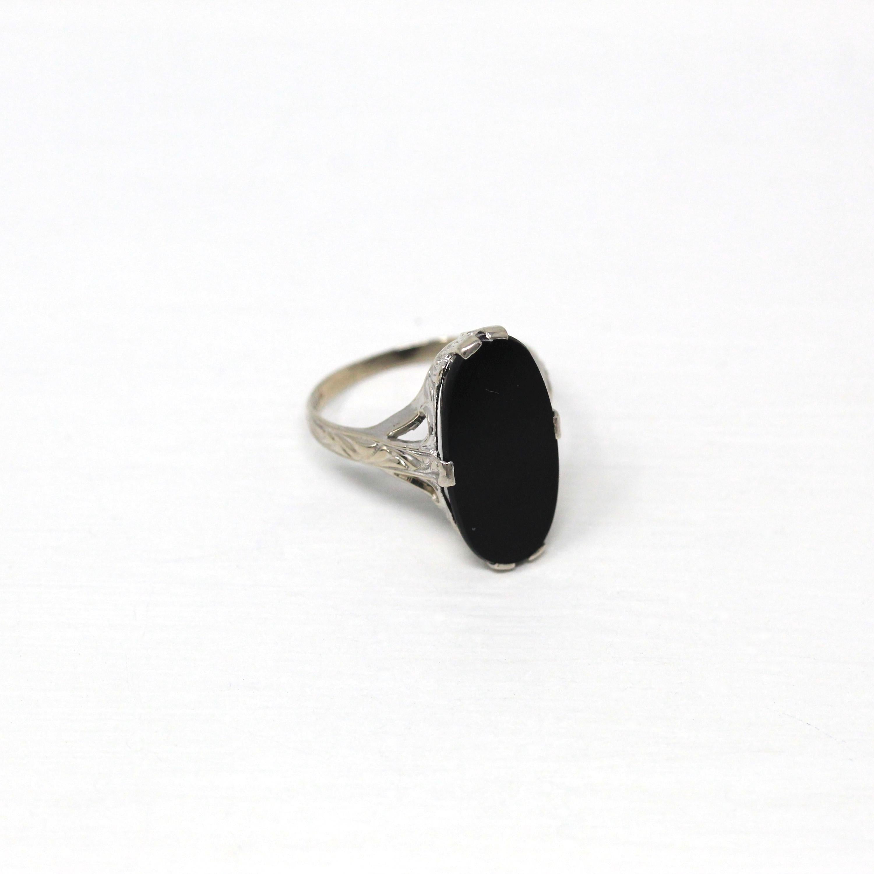 Vintage Onyx Ring - Art Deco 10k White Gold Genuine Black Gemstone Statement - 1930s Size 5 1/2 Oval 30s Fine Filigree Designs 30s Jewelry