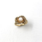 Cultured Pearl Ring - Retro 10k Yellow Gold Round White Gem - Vintage Circa 1970s Era Brutalist Style Size 6 New Old Stock Coral Jewelry