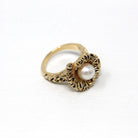 Cultured Pearl Ring - Retro 10k Yellow Gold Round White Gem - Vintage Circa 1970s Era Brutalist Style Size 6 New Old Stock Coral Jewelry