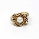 Cultured Pearl Ring - Retro 10k Yellow Gold Round White Gem - Vintage Circa 1970s Era Brutalist Style Size 6 New Old Stock Coral Jewelry