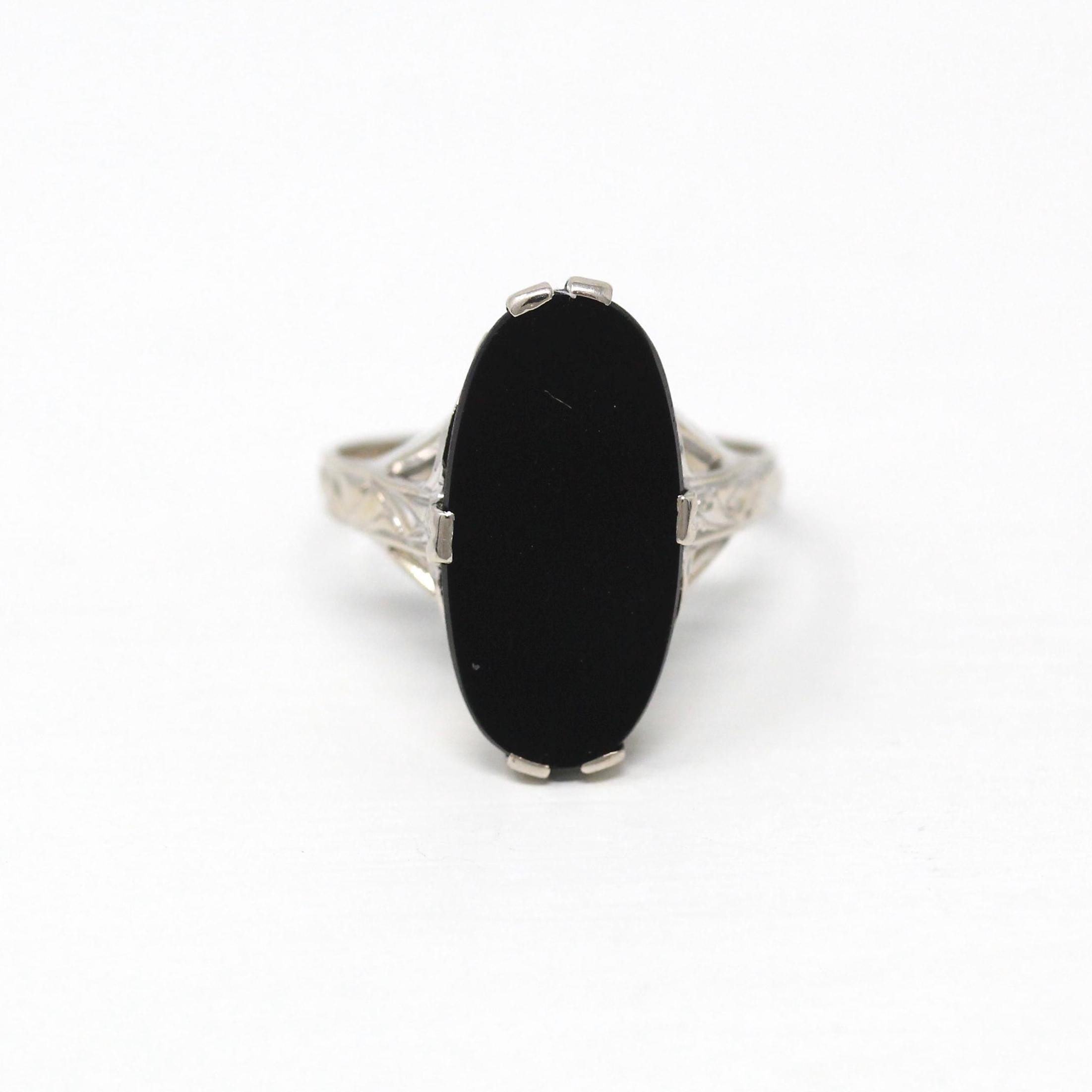 Vintage Onyx Ring - Art Deco 10k White Gold Genuine Black Gemstone Statement - 1930s Size 5 1/2 Oval 30s Fine Filigree Designs 30s Jewelry