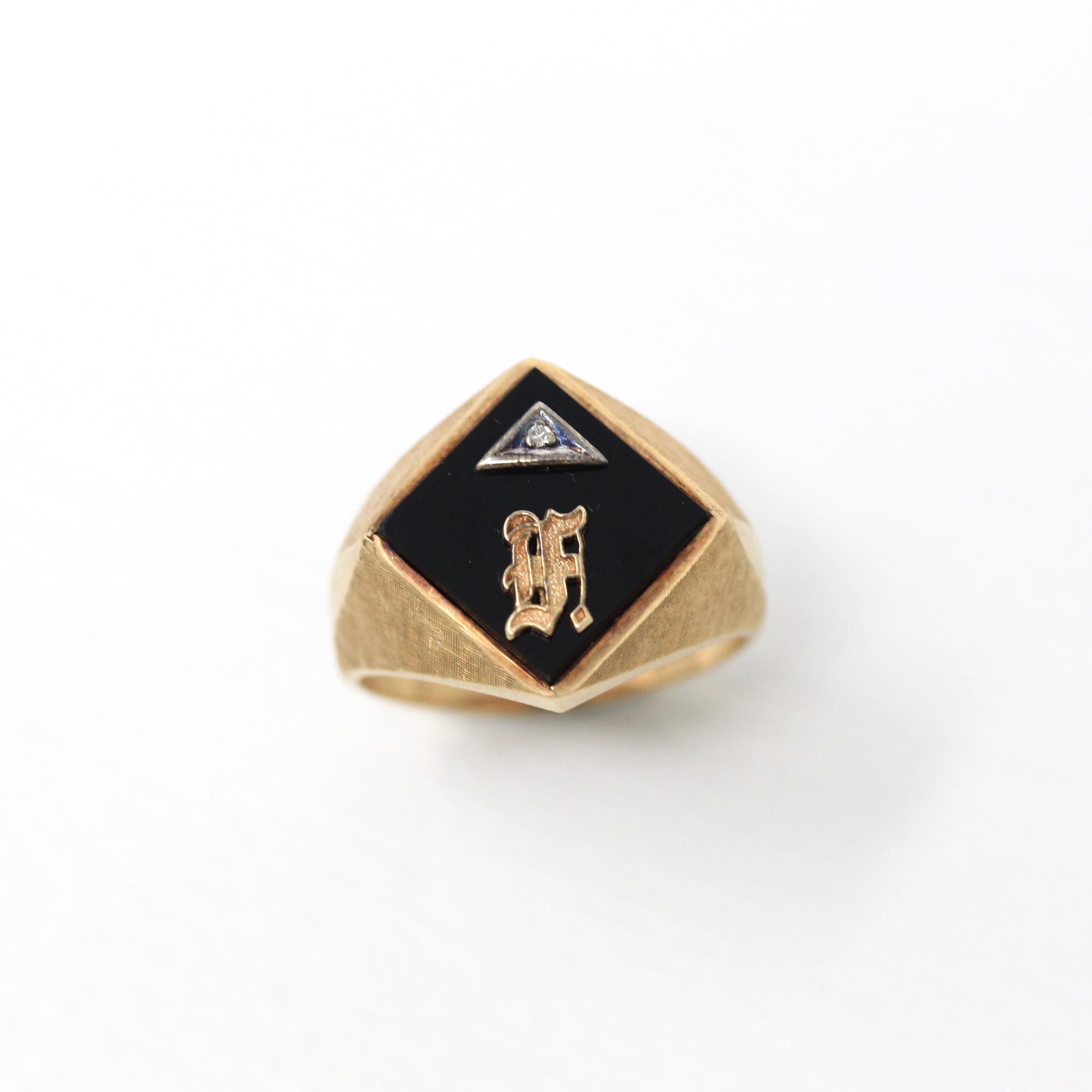 Letter "F" Ring - Retro 10k Yellow Gold Diamond & Onyx Old English Initial - Vintage Circa 1960s Era Size 10 Statement New Old Stock Jewelry