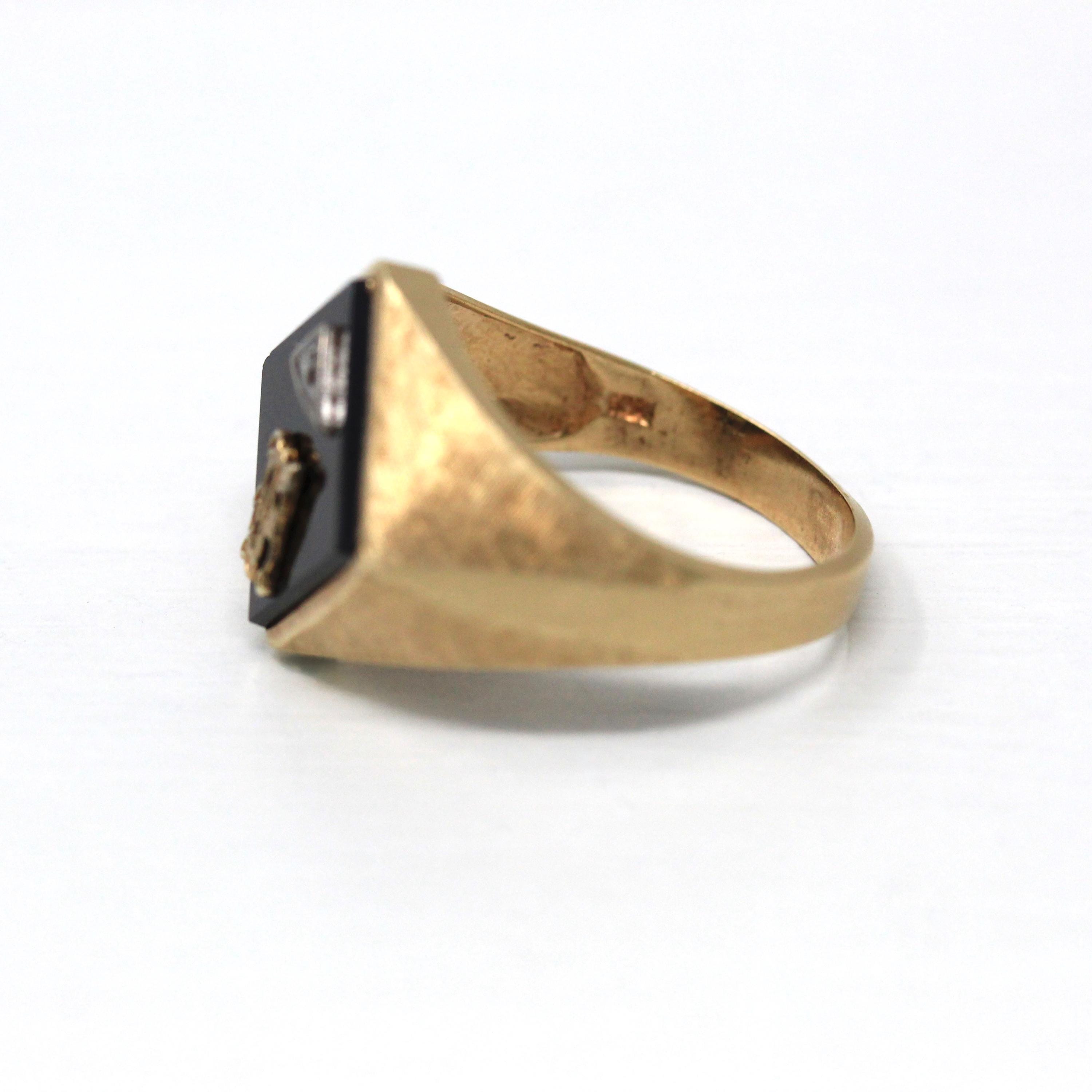 Letter "F" Ring - Retro 10k Yellow Gold Diamond & Onyx Old English Initial - Vintage Circa 1960s Era Size 10 Statement New Old Stock Jewelry