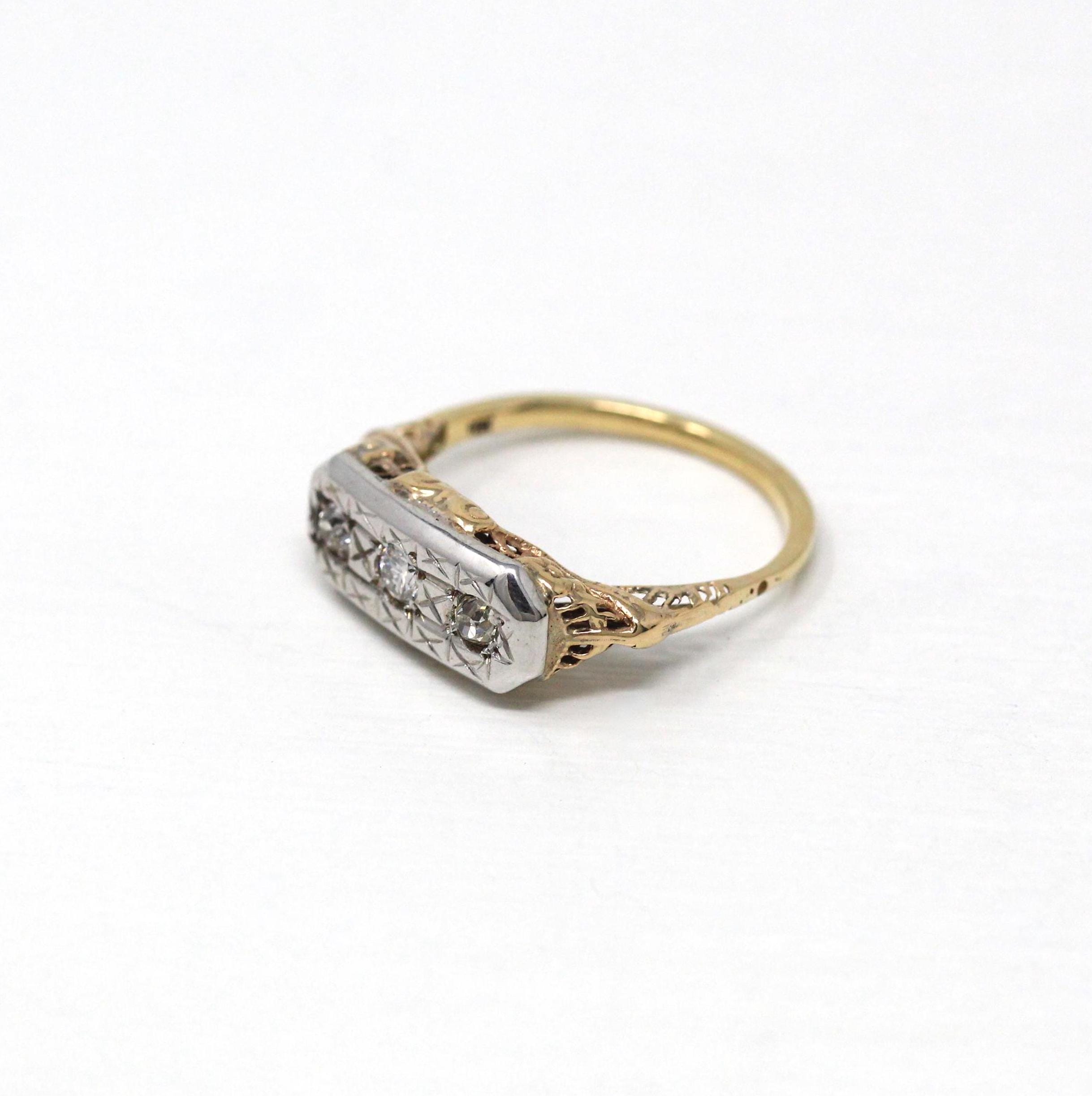 Art Deco Ring - Vintage 10k Yellow Gold Brilliant & Old Cut .24 CTW Diamonds - Circa 1930s Era Size 5 1/2 Filigree Three Stone Fine Jewelry