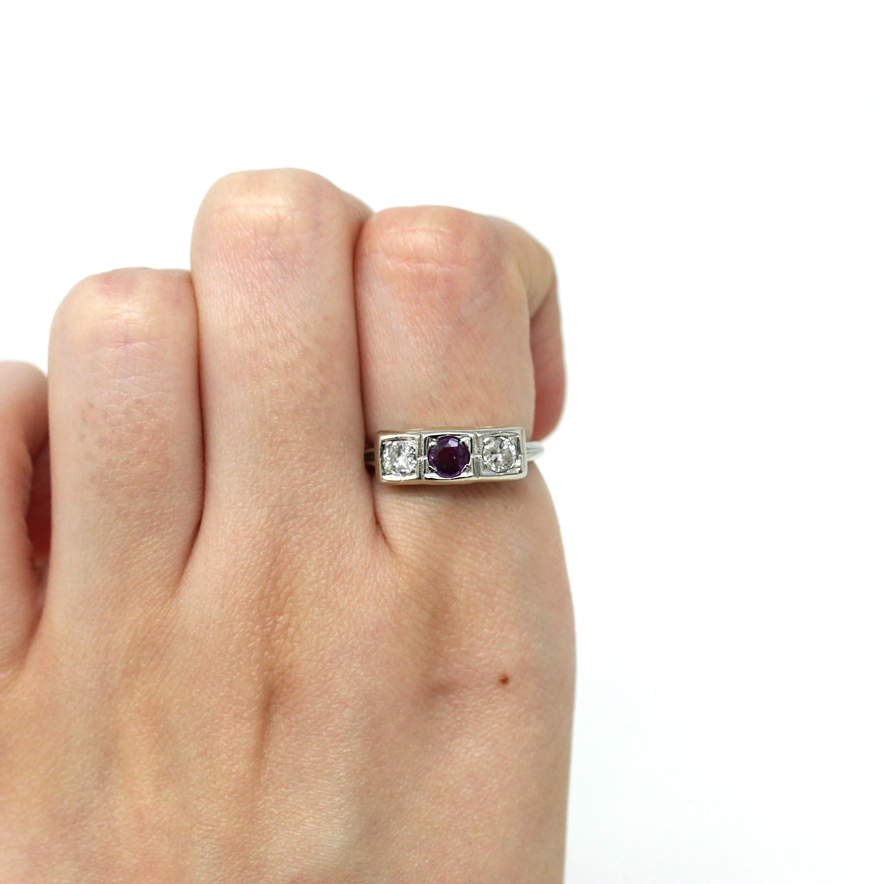 Mid Century Ring - Vintage 1950s 14k White Gold Created Pink Sapphire Genuine Diamond - Size 5 3/4 Three Gems Alternative Engagement Jewelry