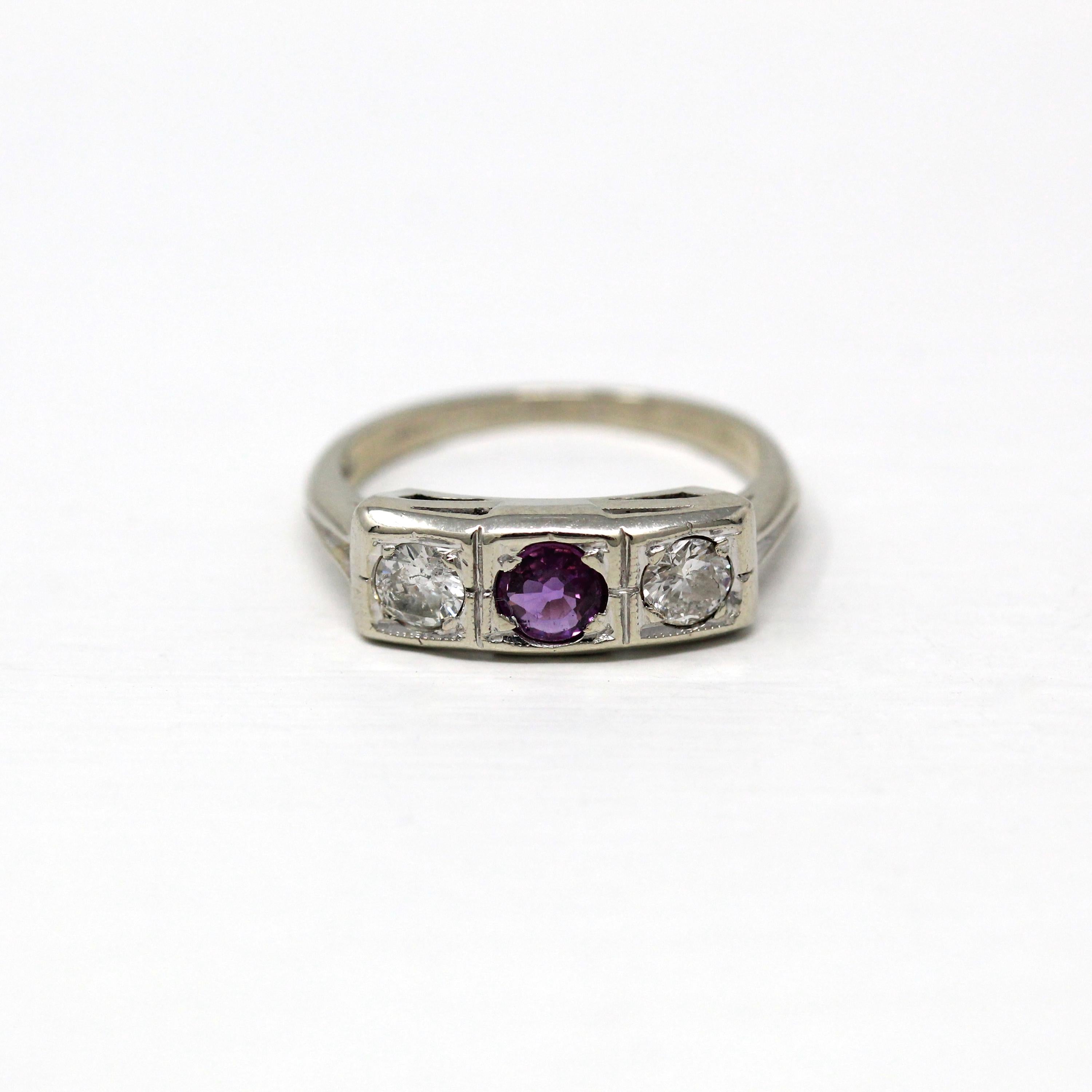 Mid Century Ring - Vintage 1950s 14k White Gold Created Pink Sapphire Genuine Diamond - Size 5 3/4 Three Gems Alternative Engagement Jewelry