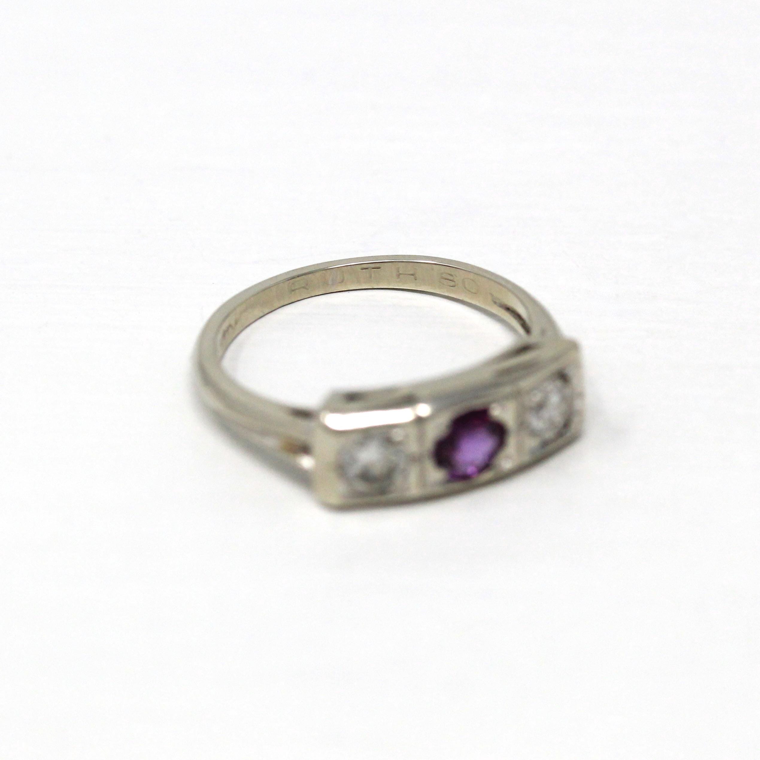 Mid Century Ring - Vintage 1950s 14k White Gold Created Pink Sapphire Genuine Diamond - Size 5 3/4 Three Gems Alternative Engagement Jewelry