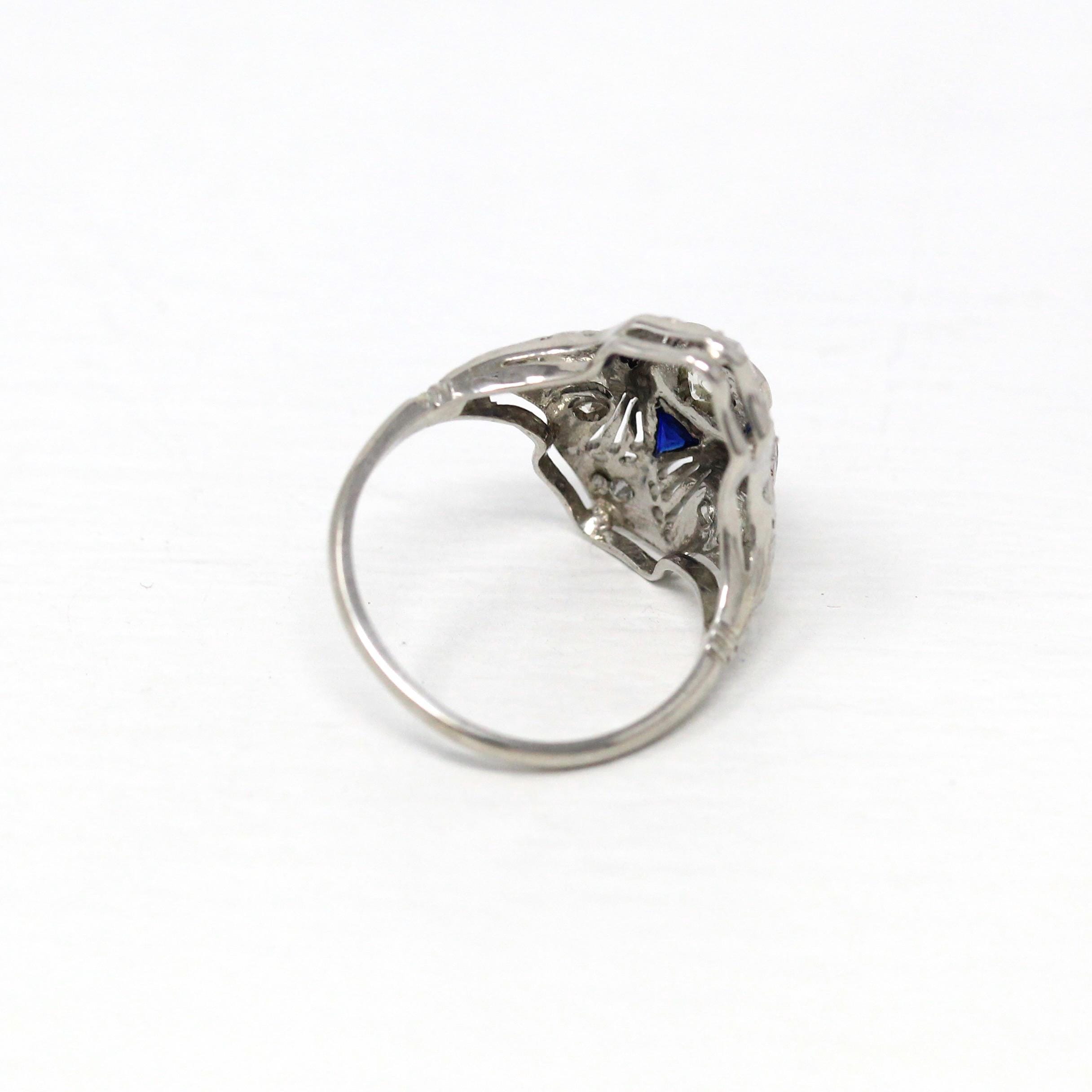 Art Deco Shield Ring - Vintage 18k White Gold Filigree Diamond Created Sapphire Statement - Antique 1920s Era Size 6 1/2 Wheat Fine Jewelry