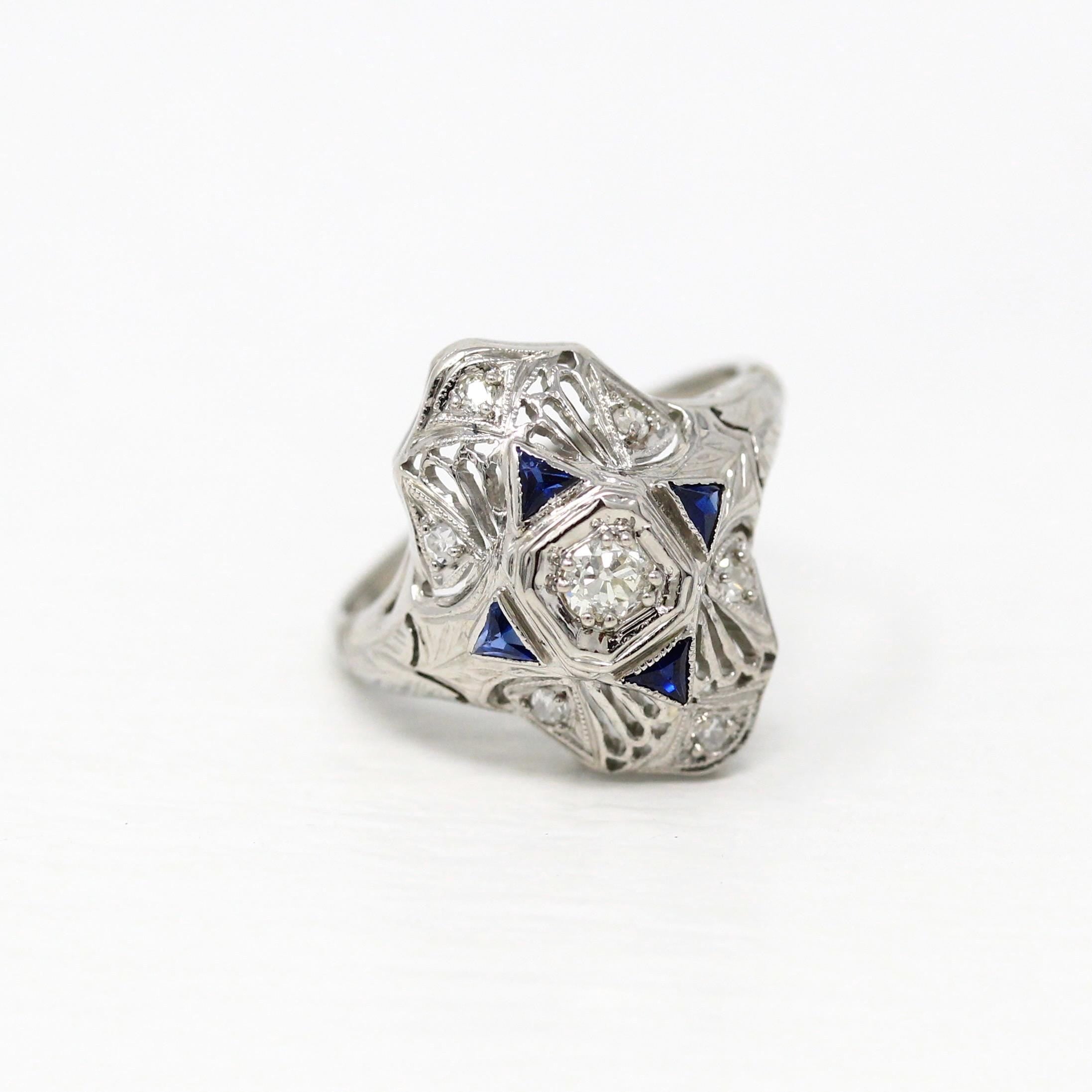 Art Deco Shield Ring - Vintage 18k White Gold Filigree Diamond Created Sapphire Statement - Antique 1920s Era Size 6 1/2 Wheat Fine Jewelry