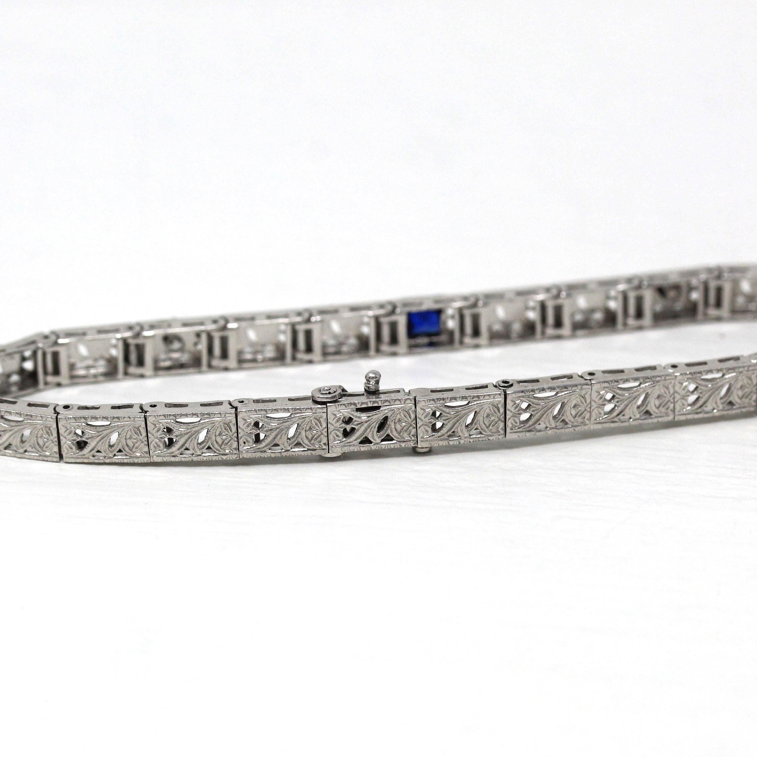 Art Deco Bracelet - Vintage Platinum & 14k White Gold Created Sapphire Diamonds - Circa 1930s Era Line Tennis Fashion Accessory Fine Jewelry