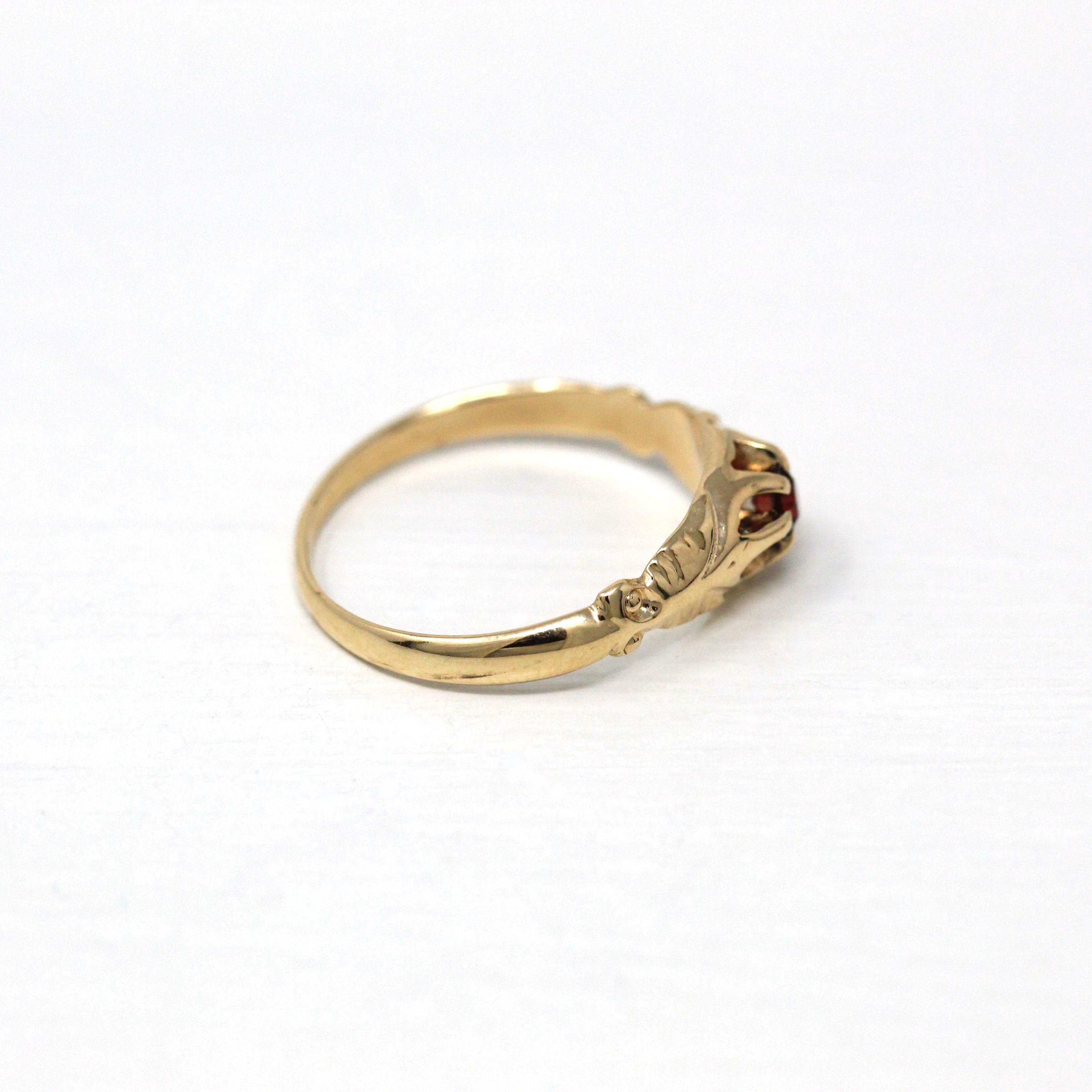 Genuine Garnet Ring - Edwardian 14k Yellow Gold Round Faceted Red Gemstone - Antique Circa 1910s Era Size 6 1/4 Solitaire Belcher Jewelry