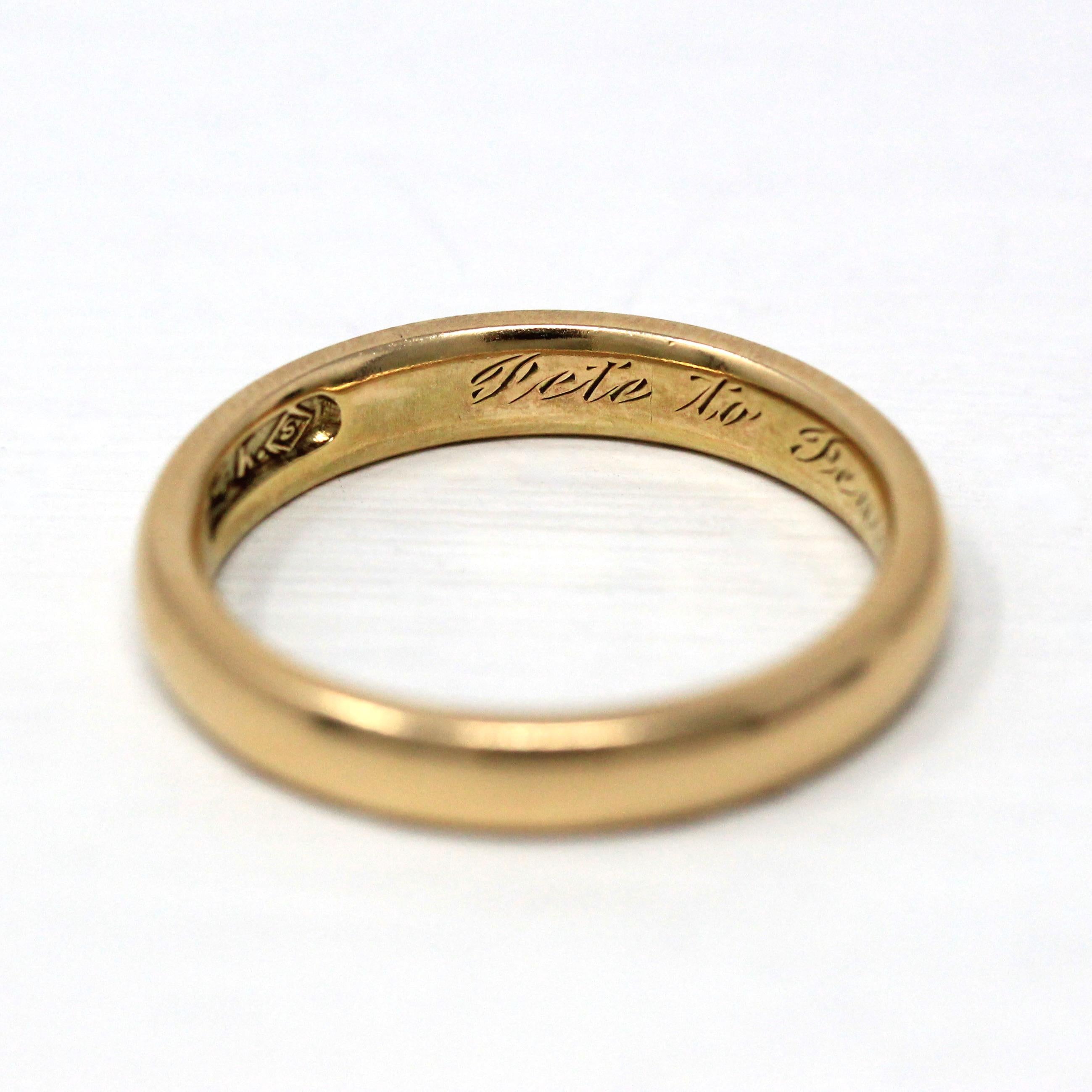 Dated 1914 Band - Edwardian 14k Yellow Gold Engraved "Pete to Pearl Oct. 7 14. Mizpah" Ring - Antique Size 8 Stacking Fine Wedding Jewelry