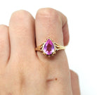 Created Pink Sapphire Ring - Estate 10k Yellow Gold Faceted Pear Cut Statement Style Stone - Modern Circa 2000's Era Size 9 Fine Y2K Jewelry