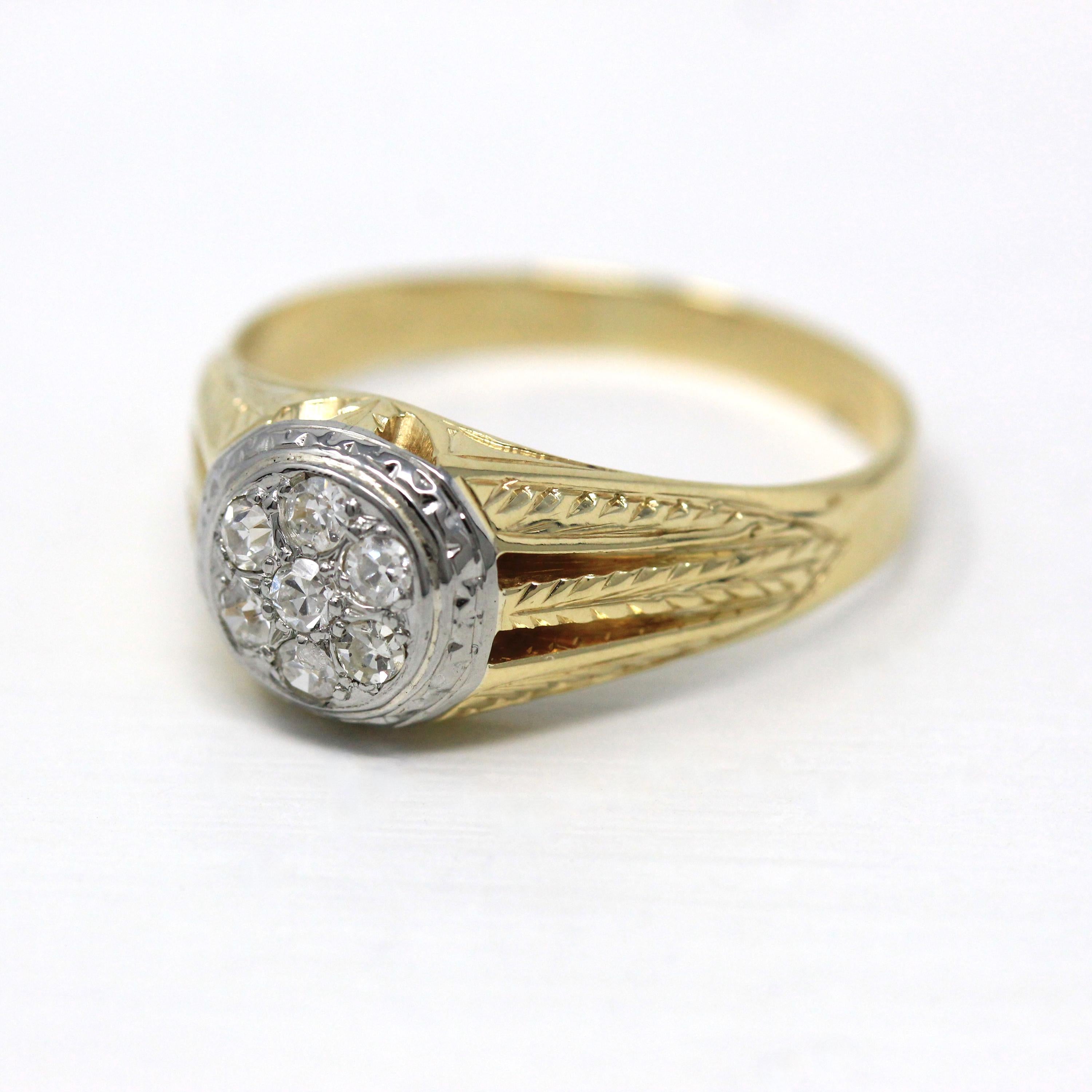 Art Deco Diamond Ring - Vintage 18k Yellow & White Gold .33 CTW Signet Cluster - 1930s Size 12 Wheat Designs Men's Engagement Fine Jewelry