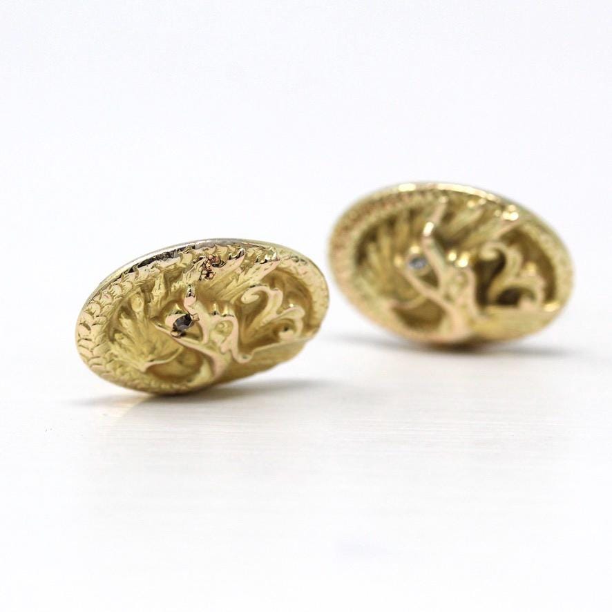 Antique Griffin Cufflinks - Edwardian 10k Yellow Gold Diamond Mythological Creature - Early 1900s Men's Fashion Accessory Fine Jewelry