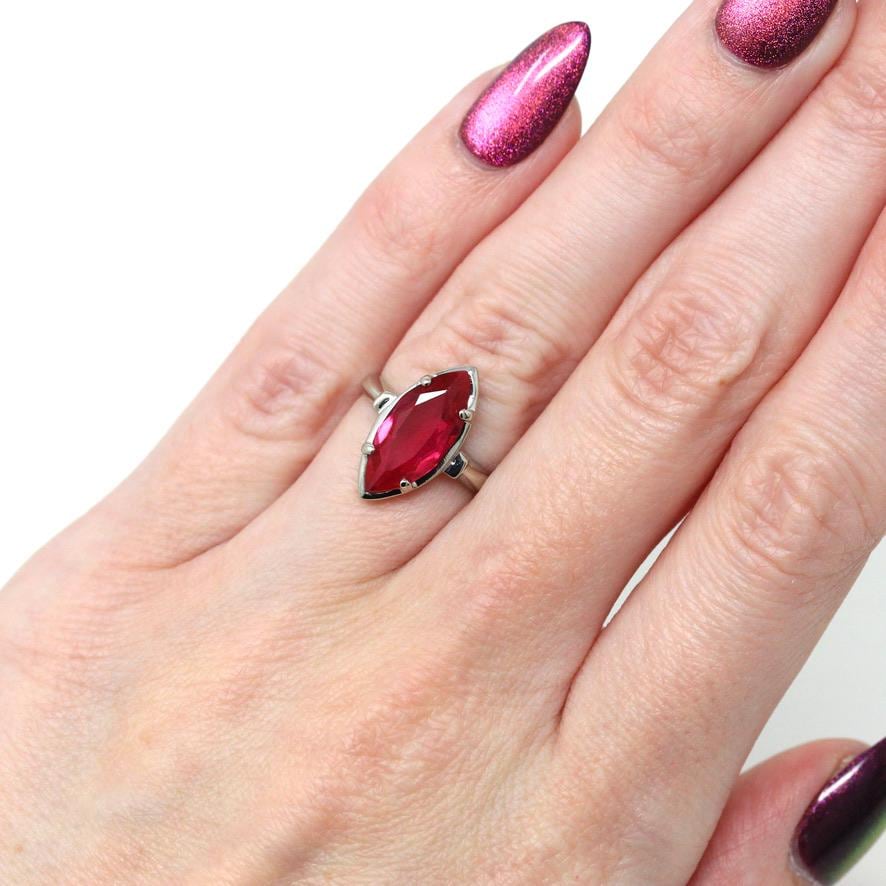 Created Ruby Ring - Vintage 10k White Gold Pink Marquise 2.40 CT Synthetic Ruby - Retro 1960s Size 5 July Birthstone Solitaire Fine Jewelry