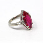 Created Ruby Ring - Vintage 10k White Gold Pink Marquise 2.40 CT Synthetic Ruby - Retro 1960s Size 5 July Birthstone Solitaire Fine Jewelry