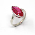 Created Ruby Ring - Vintage 10k White Gold Pink Marquise 2.40 CT Synthetic Ruby - Retro 1960s Size 5 July Birthstone Solitaire Fine Jewelry