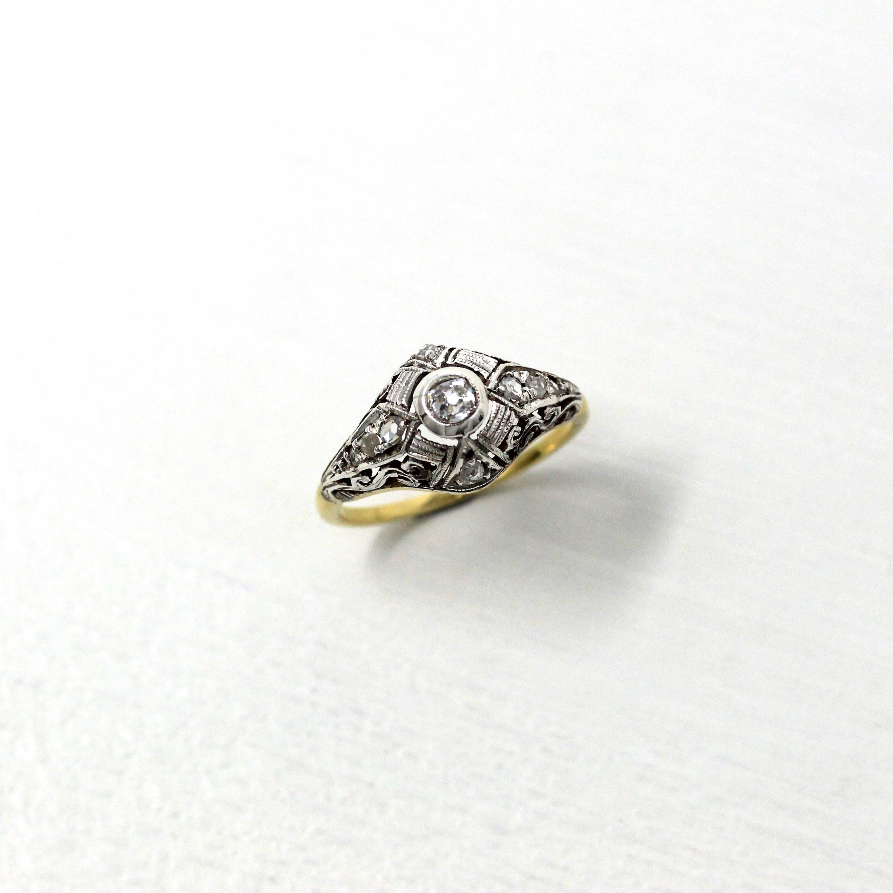 Vintage Diamond Ring - Art Deco Era 18k White Gold & Silver .18 ctw Filigree Engagement - Antique Circa 1920s Size 7.5 20s Fine Jewelry