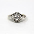 Vintage Diamond Ring - Art Deco Era 18k White Gold & Silver .18 ctw Filigree Engagement - Antique Circa 1920s Size 7.5 20s Fine Jewelry