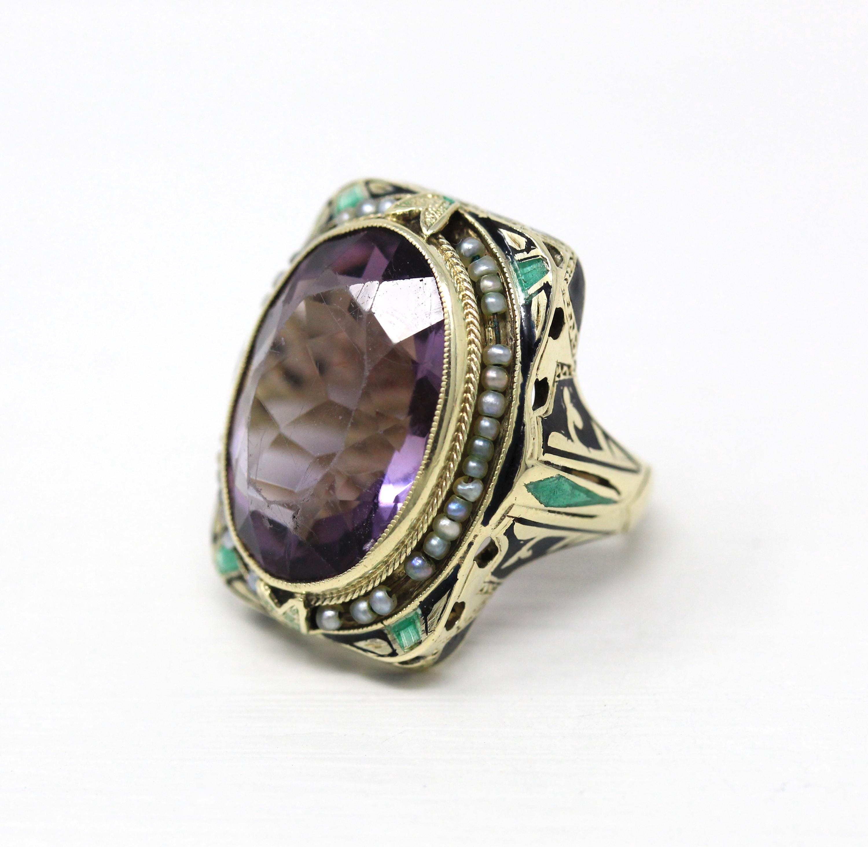 Art Deco Amethyst Ring - Vintage 14k Yellow Gold Genuine Purple Gemstone - Circa 1930s Era Size 5 1/4 Seed Pearl Halo Enamel Fine Jewelry