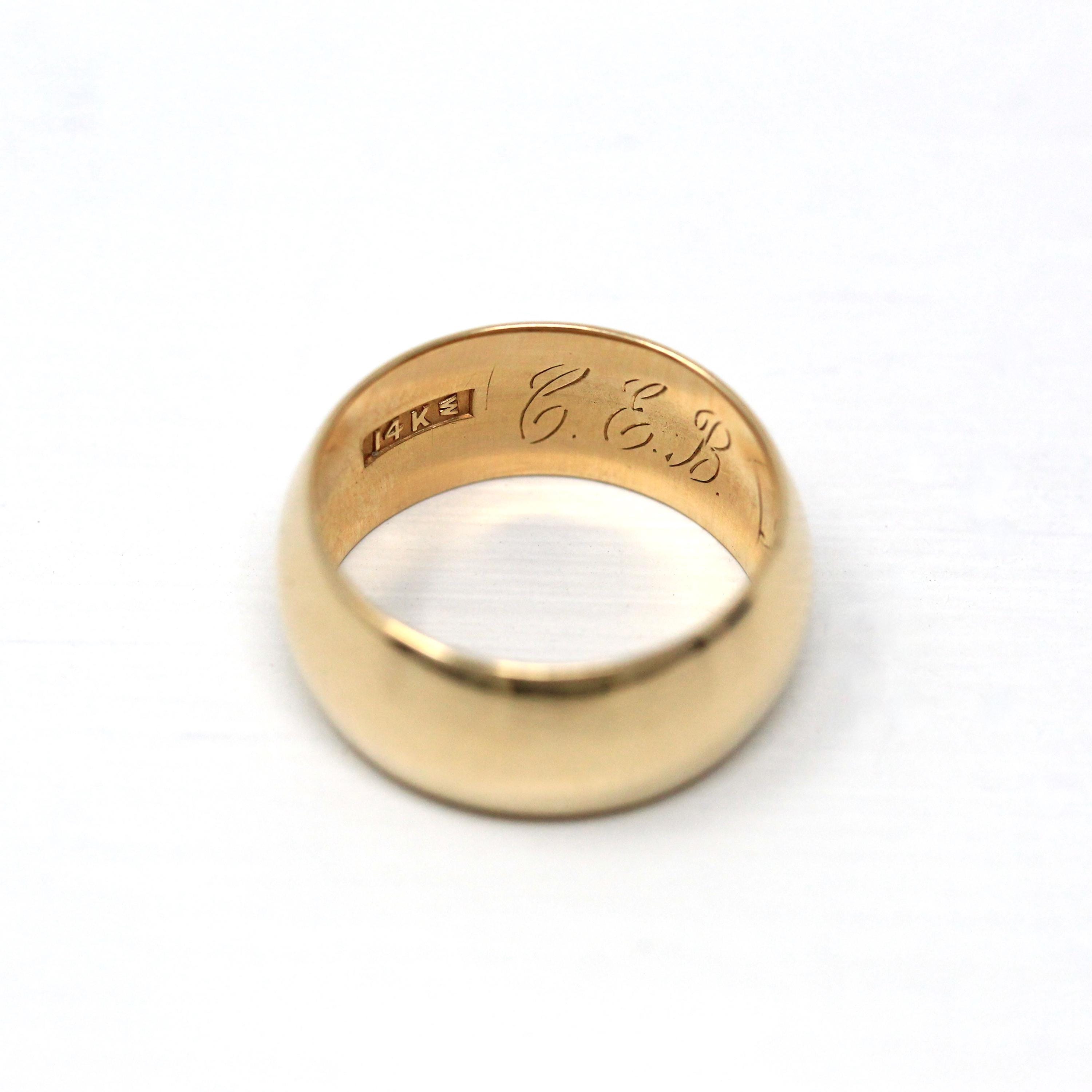 Antique Wedding Band - Edwardian 14k Yellow Gold Unadorned Wide Pinky Ring - Vintage Dated 1914 Size 3 3/4 Unisex Wedding Statement Jewelry