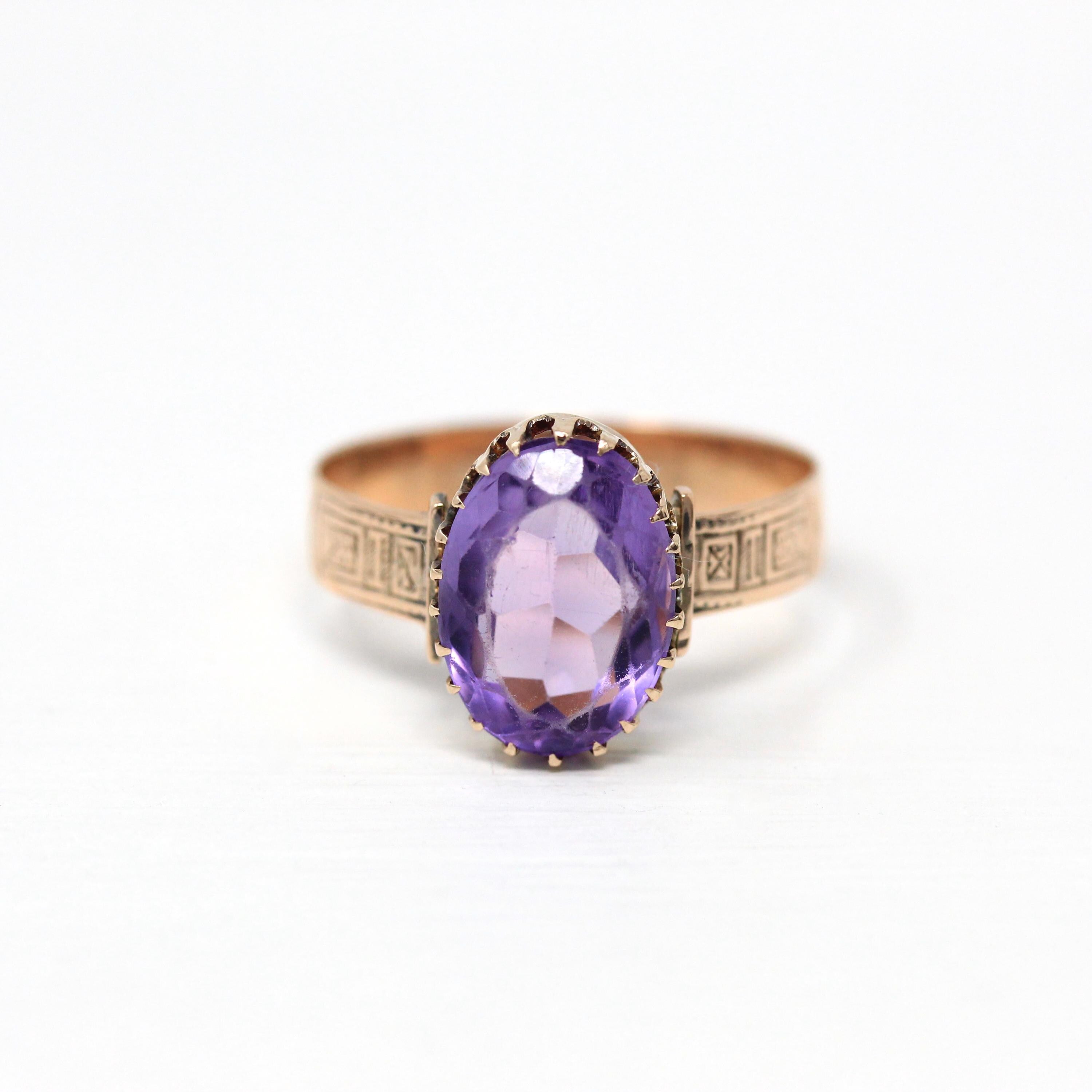 Genuine Amethyst Ring - Antique Victorian Era 10k Yellow Gold Oval Purple 4.16 Ct Gem - Circa 1890s Size 10 February Birthstone Fine Jewelry