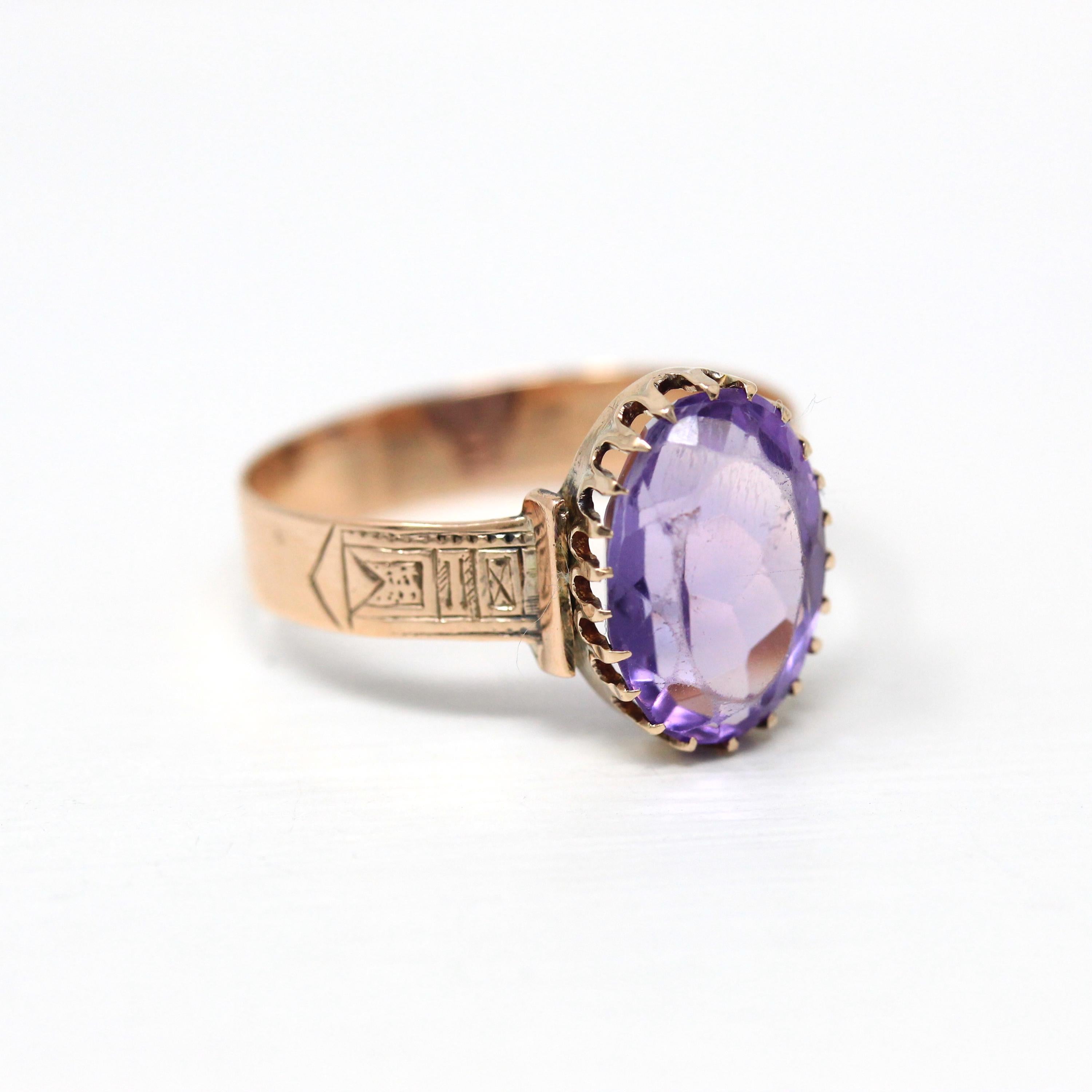 Genuine Amethyst Ring - Antique Victorian Era 10k Yellow Gold Oval Purple 4.16 Ct Gem - Circa 1890s Size 10 February Birthstone Fine Jewelry