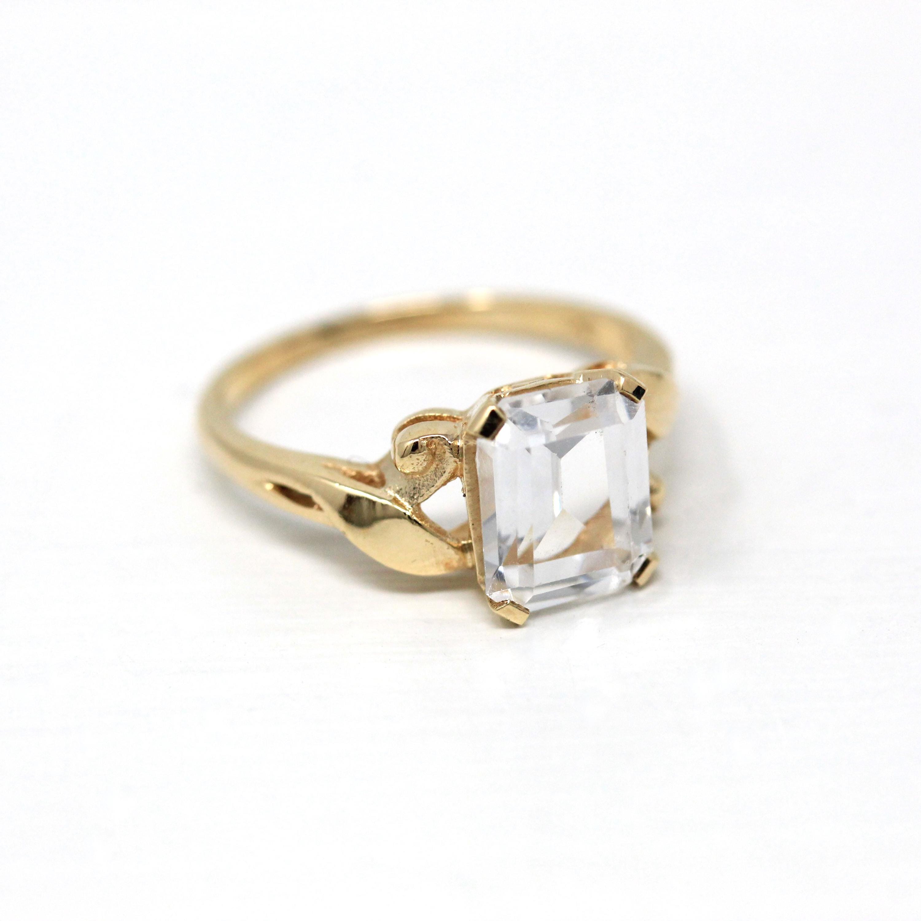 Created White Spinel Ring - Vintage Retro Era 10k Yellow Gold Rectangular Cut 2.12 CT Statement - Circa 1940s Size 5 Ribbon Fine 40s Jewelry