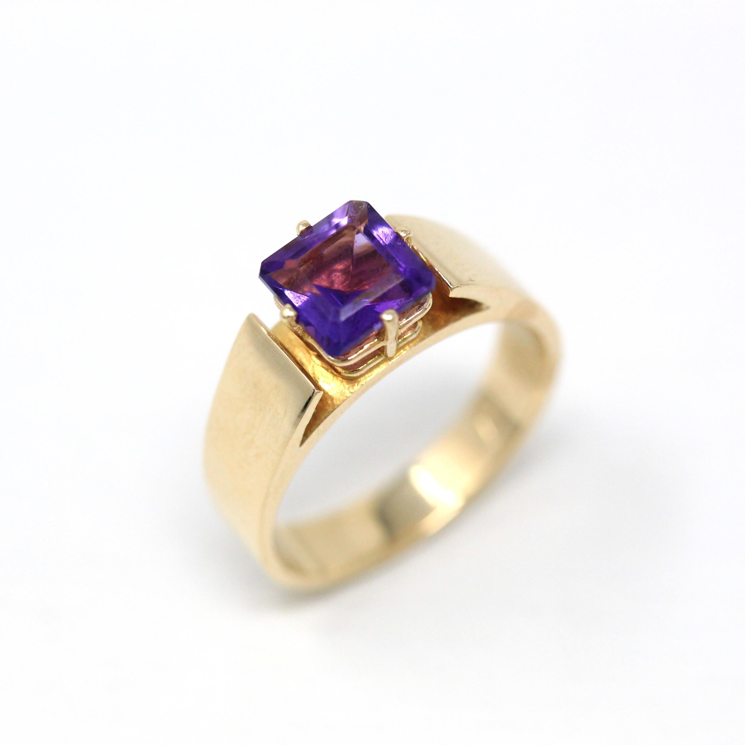 Genuine Amethyst Ring - Estate 10k Yellow Gold Square Emerald Cut Gemstone - Modern 2000s Era Size 5 Purple February Birthstone Jewelry