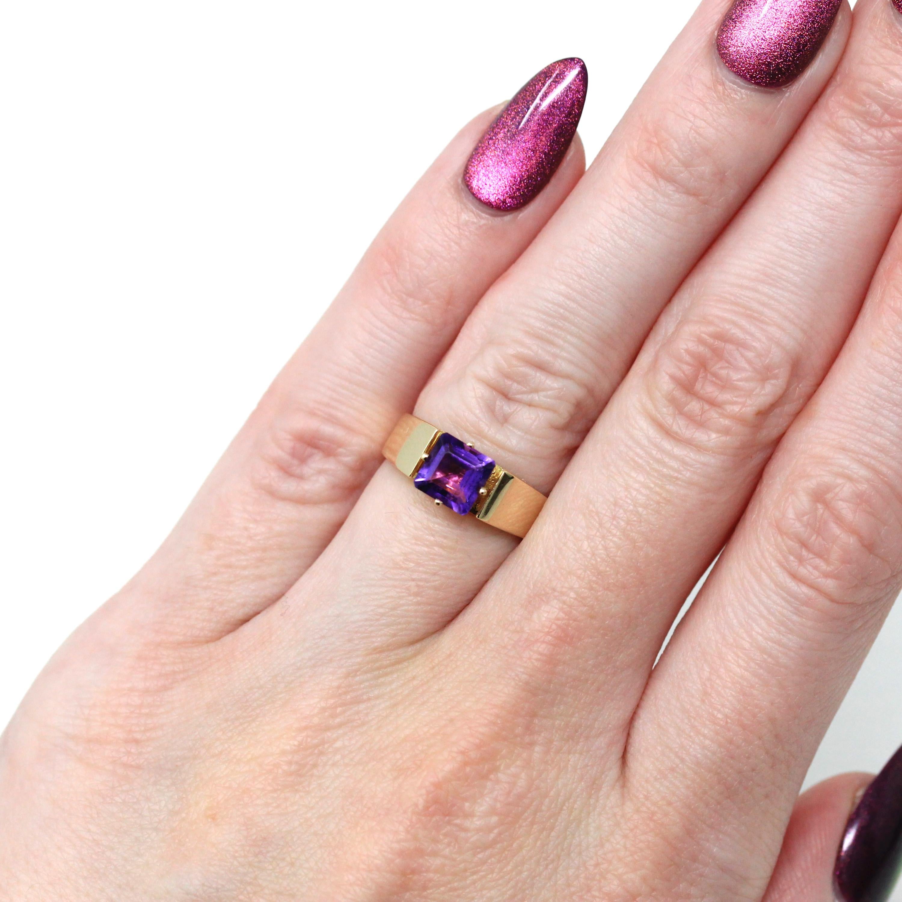 Genuine Amethyst Ring - Estate 10k Yellow Gold Square Emerald Cut Gemstone - Modern 2000s Era Size 5 Purple February Birthstone Jewelry