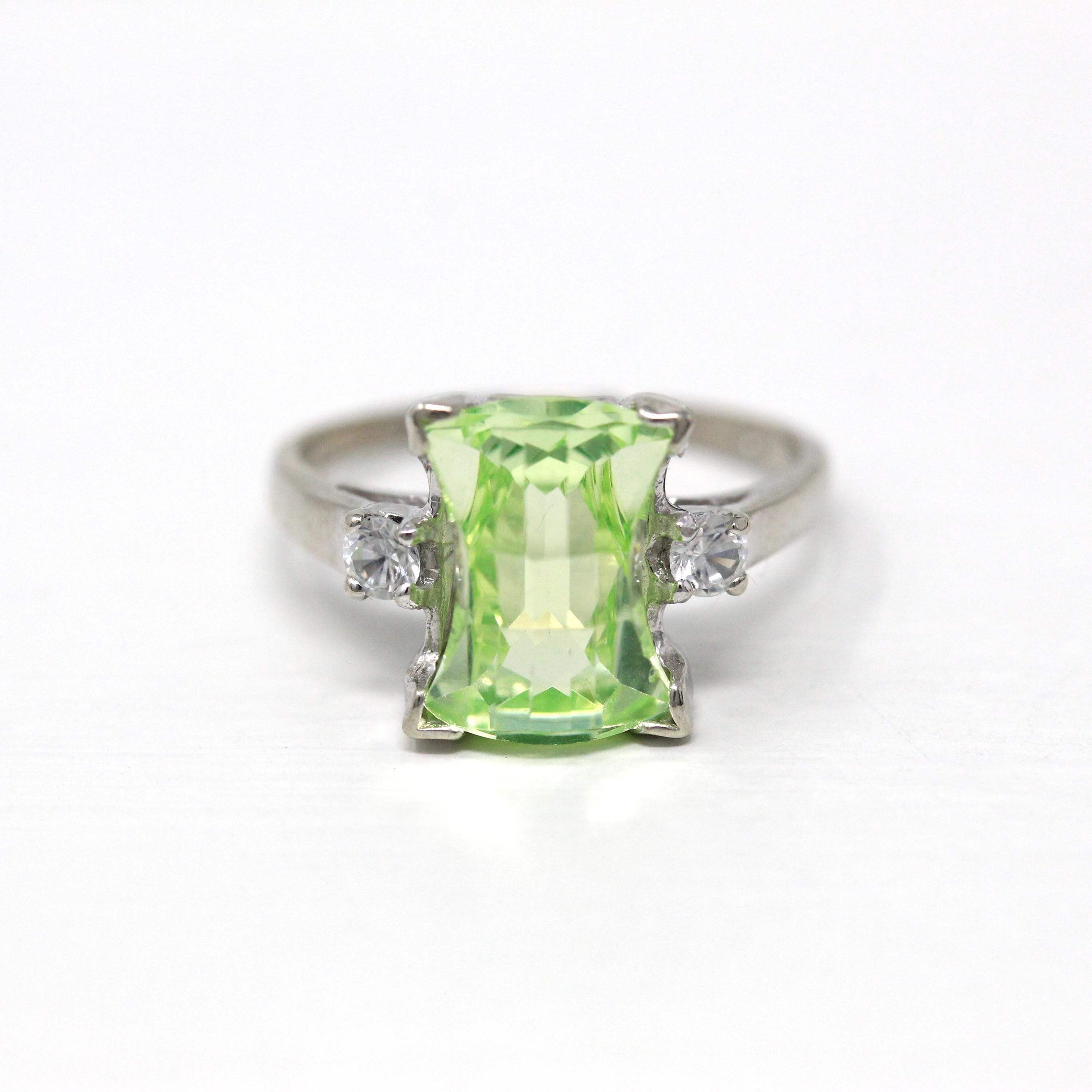 Created Spinel Ring - Retro 10k White Gold Fancy Hourglass Cut Green Statement - Vintage Circa 1960s Size 7 White Accent Unique Fine Jewelry