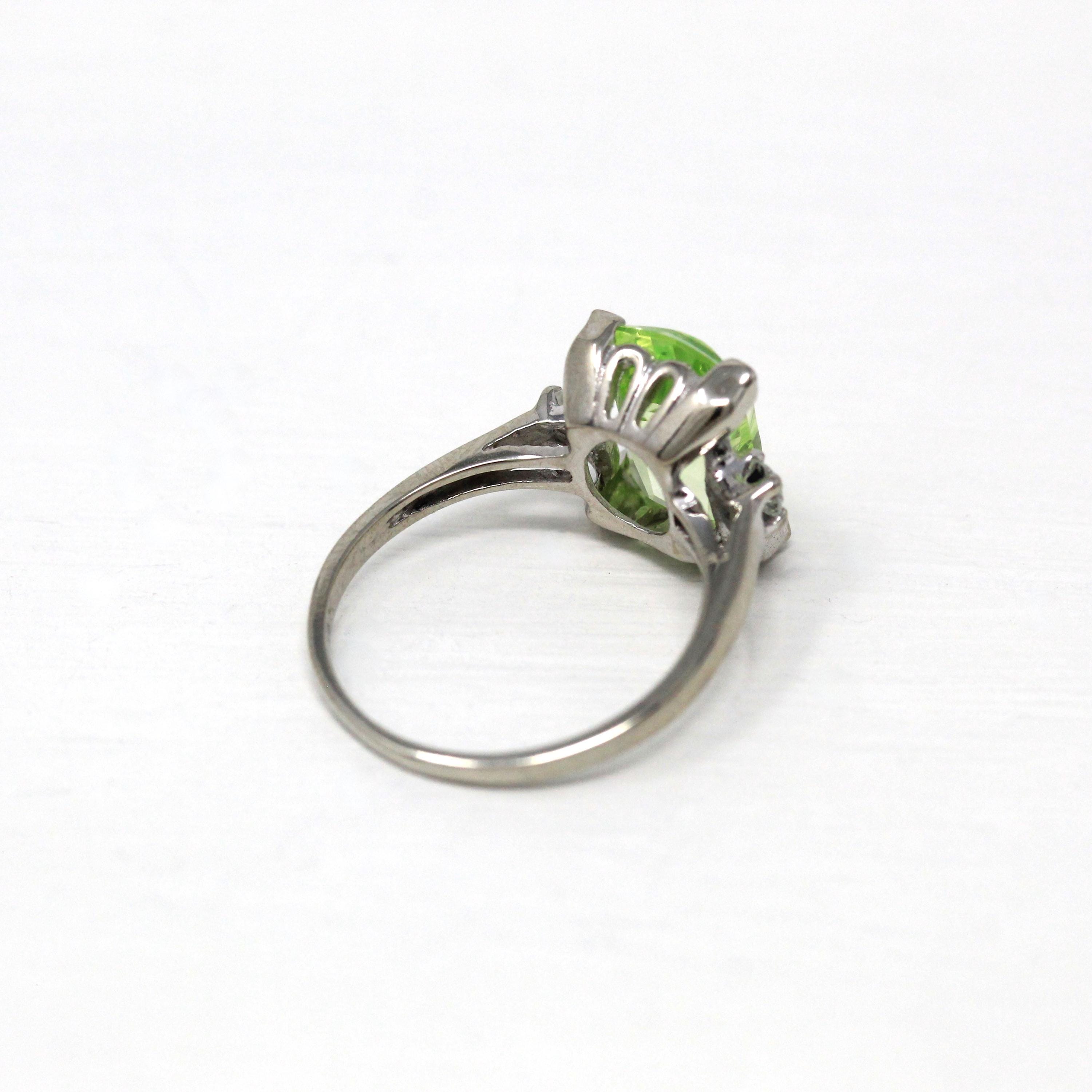 Created Spinel Ring - Retro 10k White Gold Fancy Hourglass Cut Green Statement - Vintage Circa 1960s Size 7 White Accent Unique Fine Jewelry