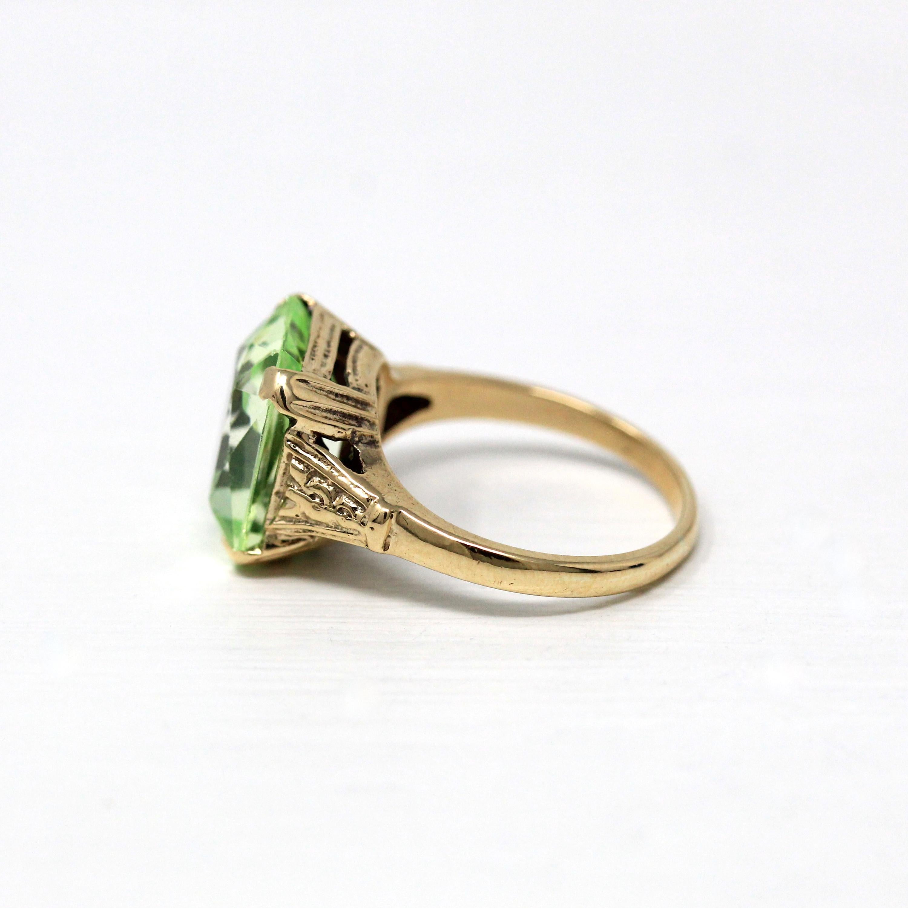 Created Spinel Ring - Retro 10k Yellow Gold Green Rectangular Scissor Cut 6.04 Carat Statement - Vintage 1940s Era Size 5 1/2 Fine Jewelry